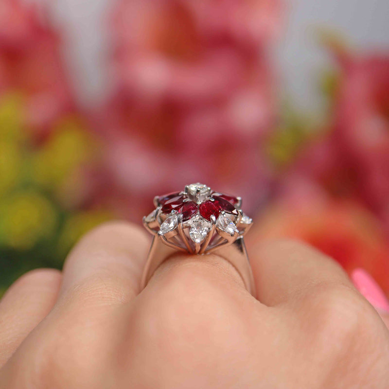 Ellibelle Jewellery Vintage 1976 Marquise Ruby & Diamond 18ct White Gold Cluster Ring