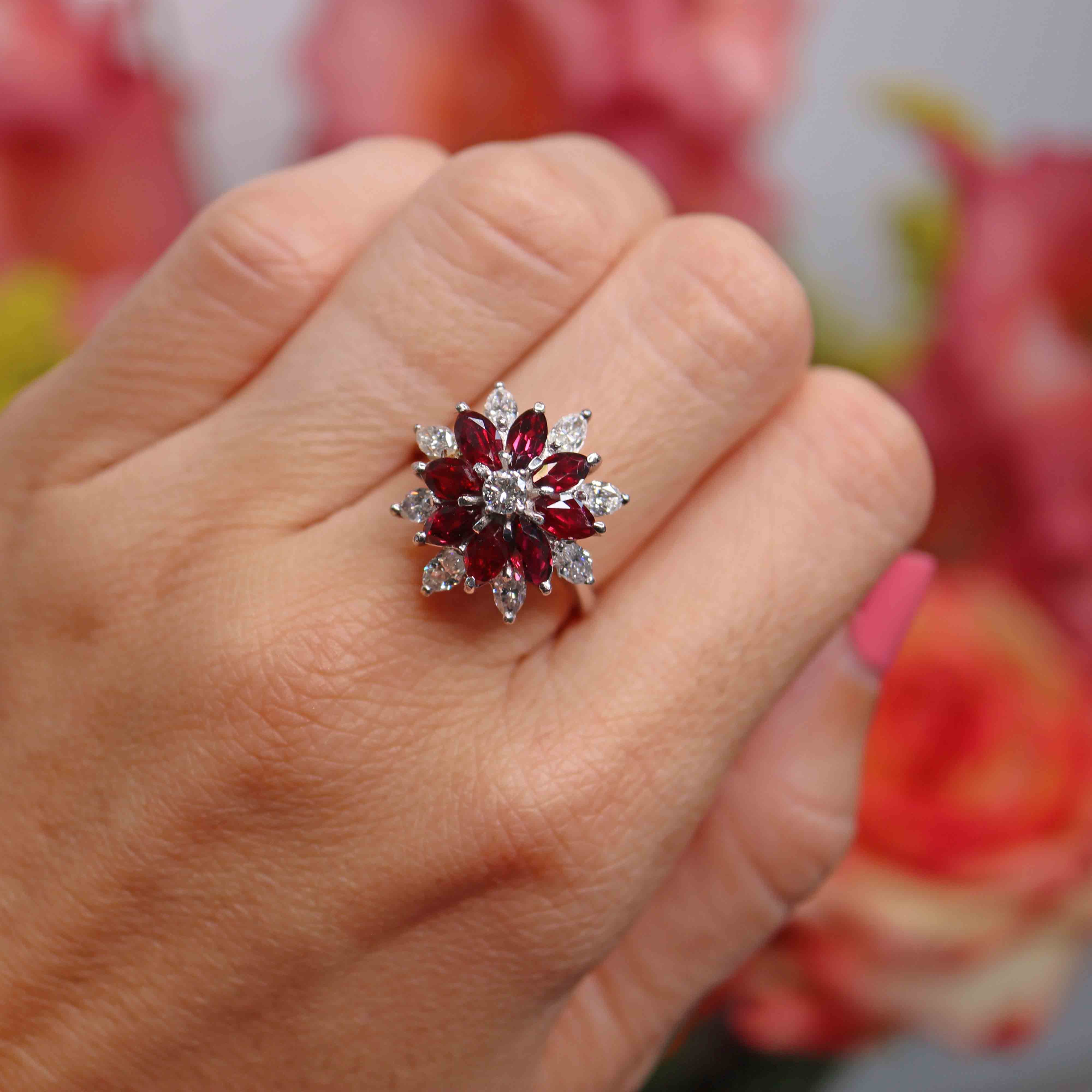 Ellibelle Jewellery Vintage 1976 Marquise Ruby & Diamond 18ct White Gold Cluster Ring