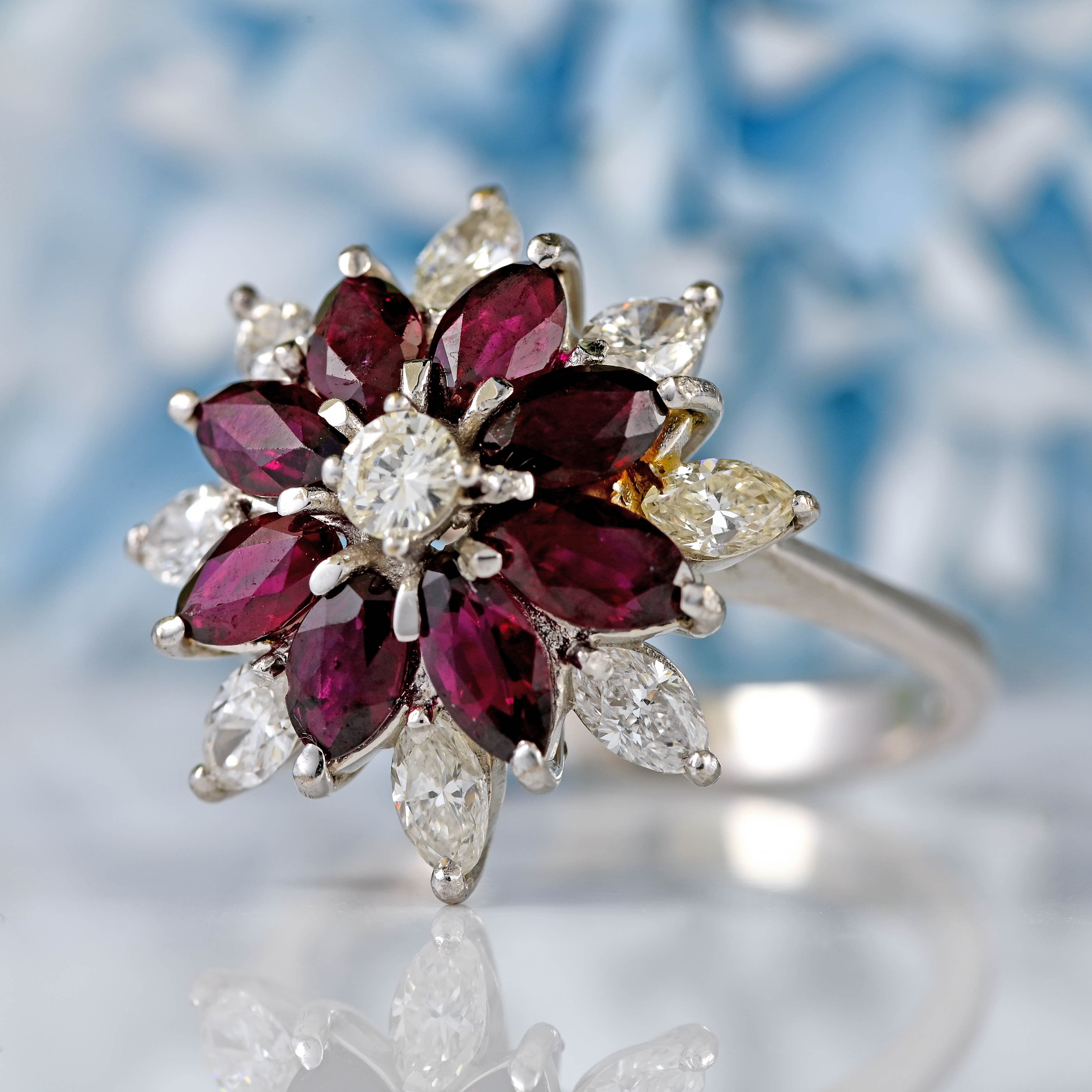 Ellibelle Jewellery Vintage 1976 Marquise Ruby & Diamond 18ct White Gold Cluster Ring