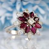Ellibelle Jewellery Vintage 1976 Marquise Ruby & Diamond 18ct White Gold Cluster Ring