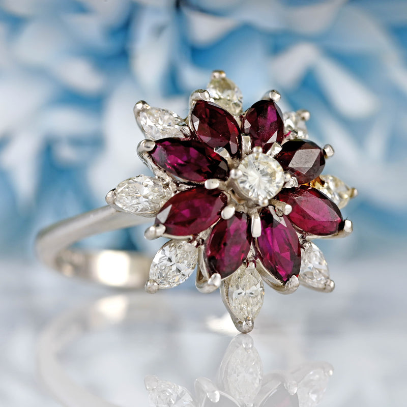 Ellibelle Jewellery Vintage 1976 Marquise Ruby & Diamond 18ct White Gold Cluster Ring
