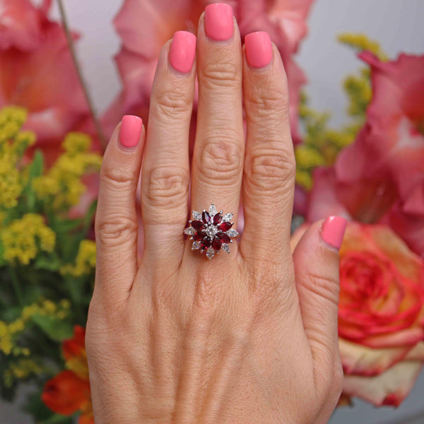 Ellibelle Jewellery Vintage 1976 Marquise Ruby & Diamond 18ct White Gold Cluster Ring