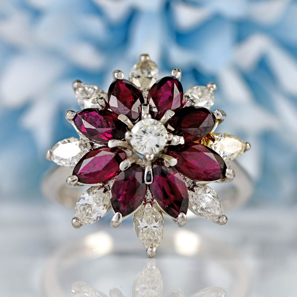 Ellibelle Jewellery Vintage 1976 Marquise Ruby & Diamond 18ct White Gold Cluster Ring