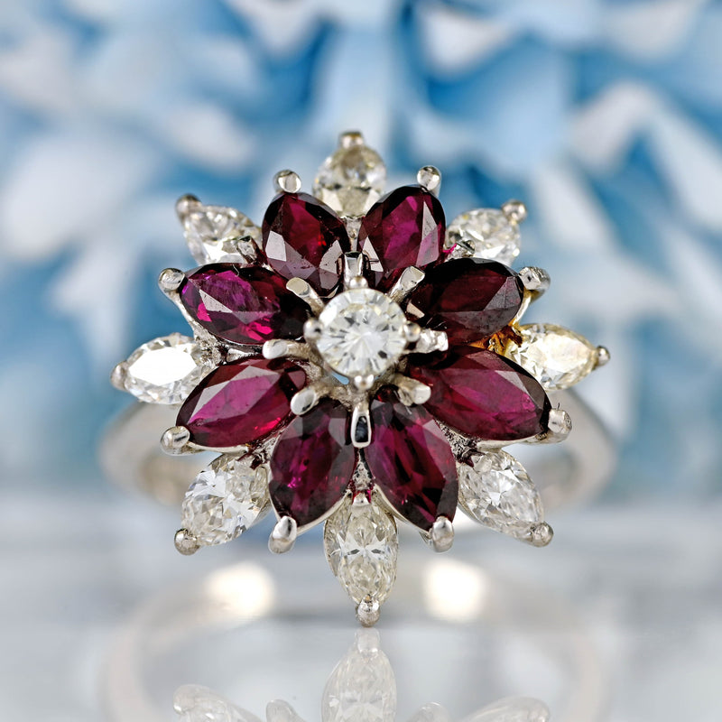 Ellibelle Jewellery Vintage 1976 Marquise Ruby & Diamond 18ct White Gold Cluster Ring