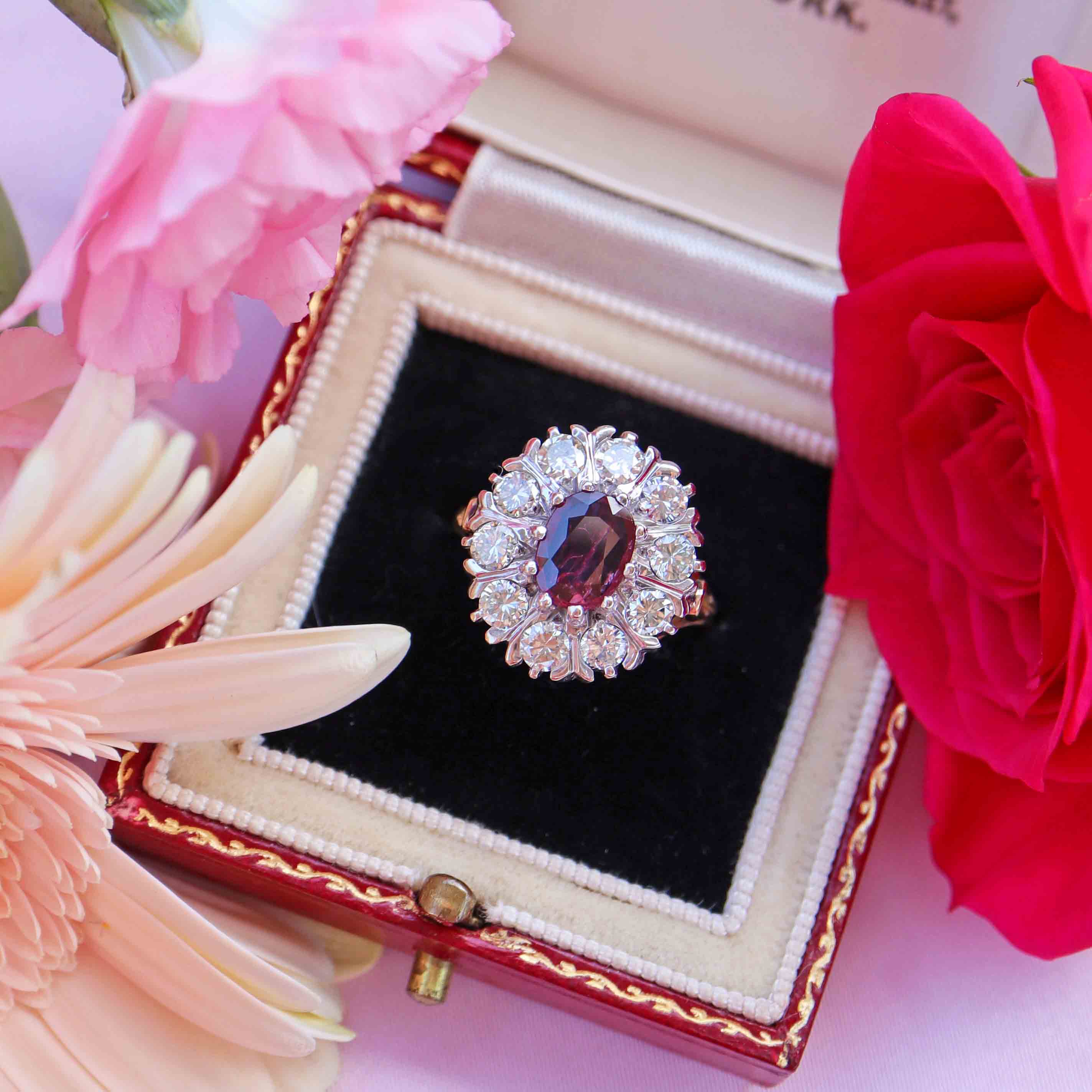 Ellibelle Jewellery Vintage 1976 Ruby & Diamond 18ct Gold Cluster Engagement Ring