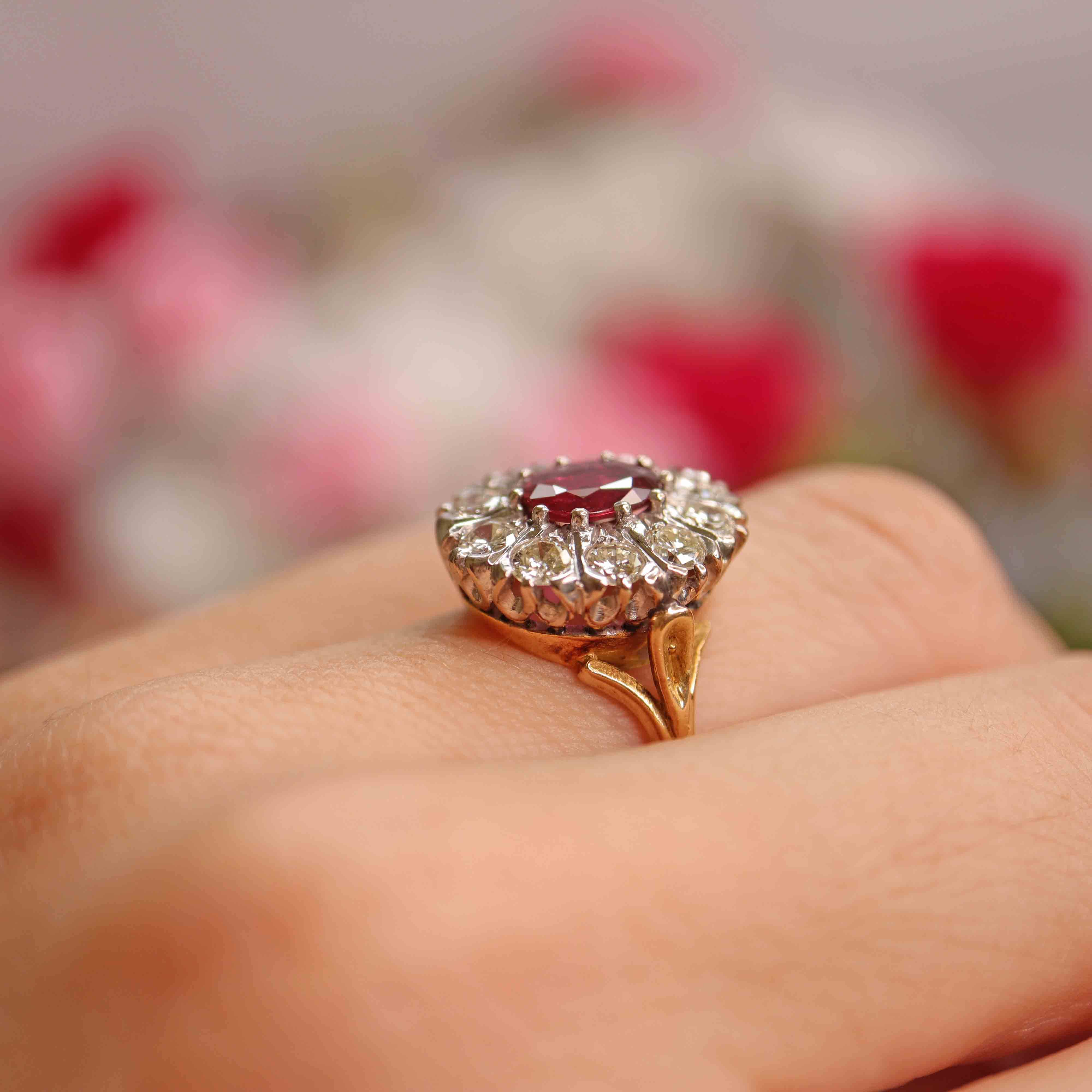 Ellibelle Jewellery Vintage 1976 Ruby & Diamond 18ct Gold Cluster Engagement Ring