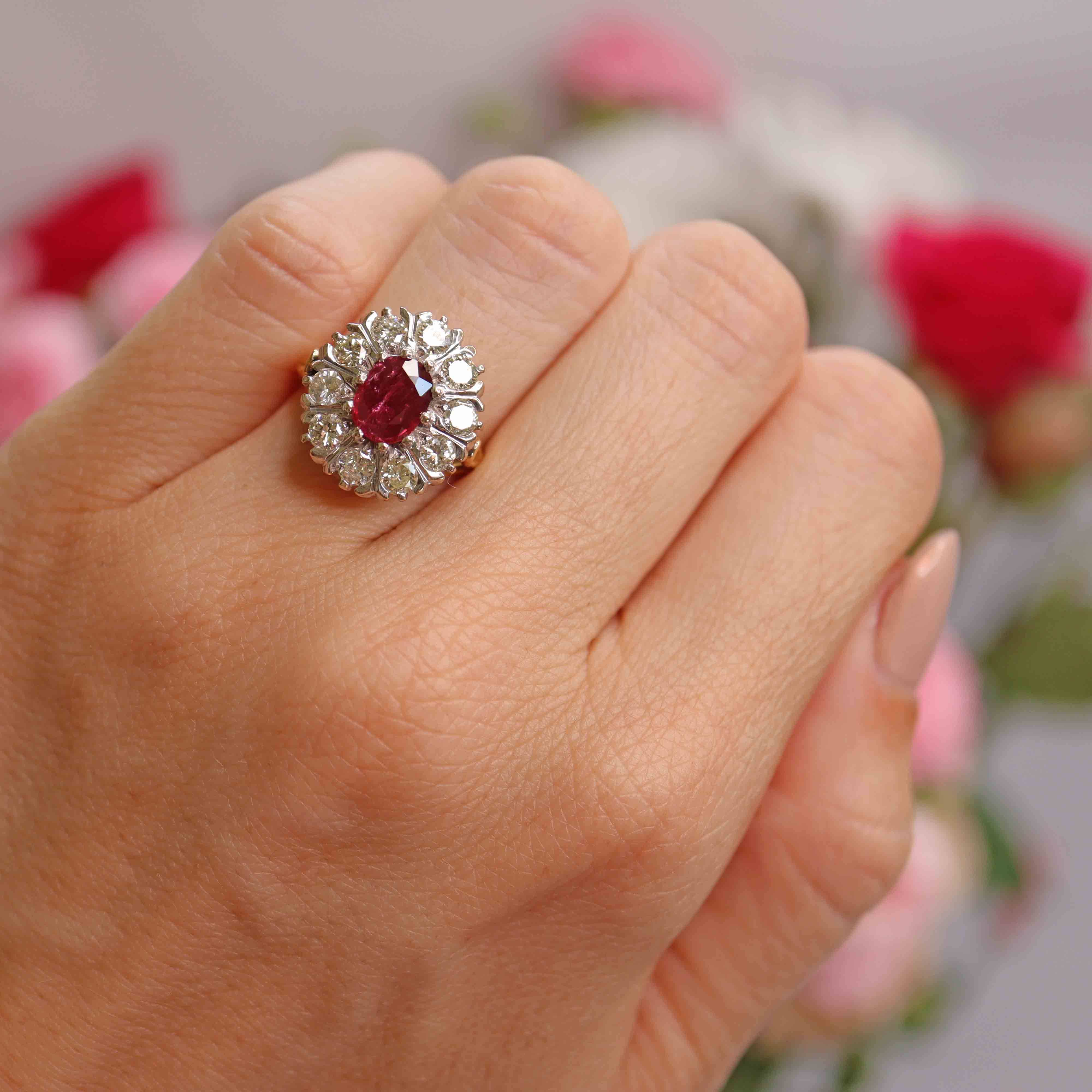 Ellibelle Jewellery Vintage 1976 Ruby & Diamond 18ct Gold Cluster Engagement Ring