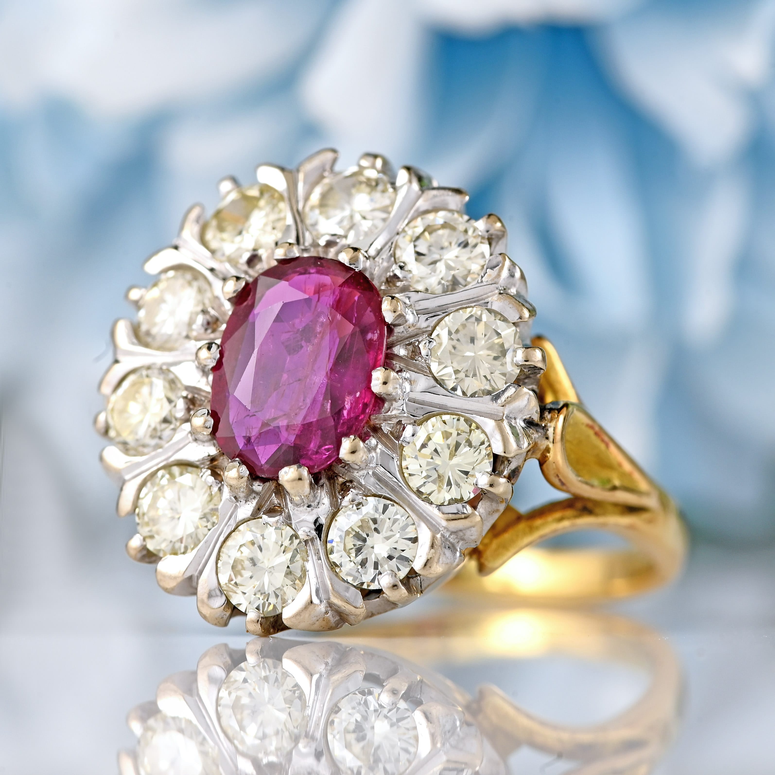 Ellibelle Jewellery Vintage 1976 Ruby & Diamond 18ct Gold Cluster Engagement Ring