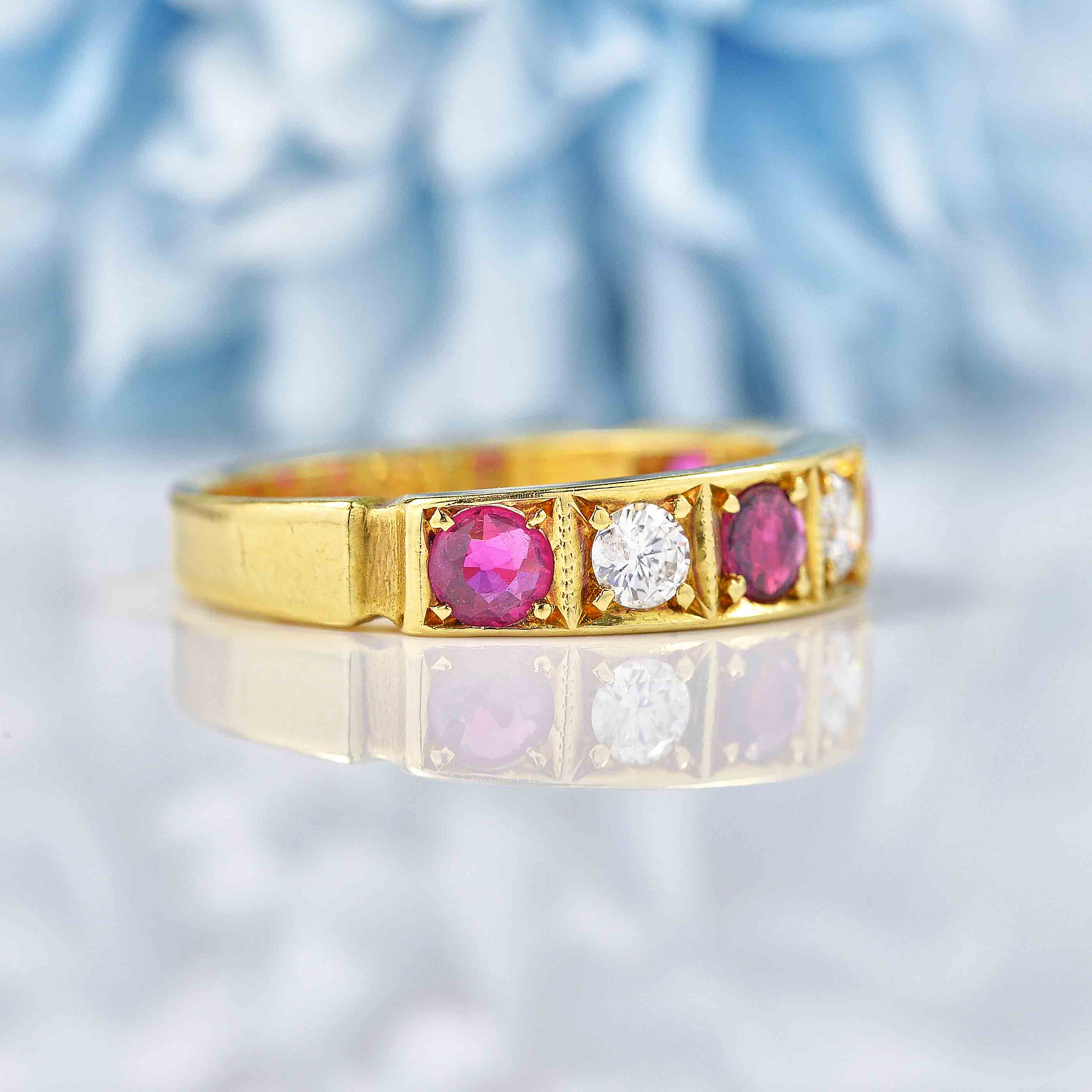 Ellibelle Jewellery Vintage 1976 Ruby & Diamond 18ct Gold Half-Eternity Band Ring