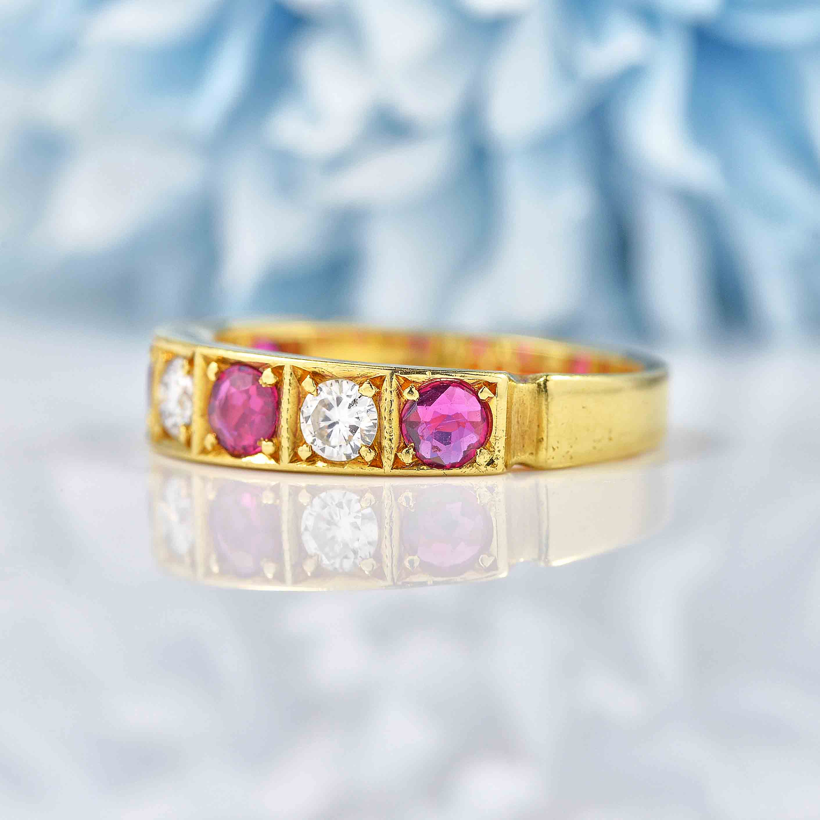 Ellibelle Jewellery Vintage 1976 Ruby & Diamond 18ct Gold Half-Eternity Band Ring