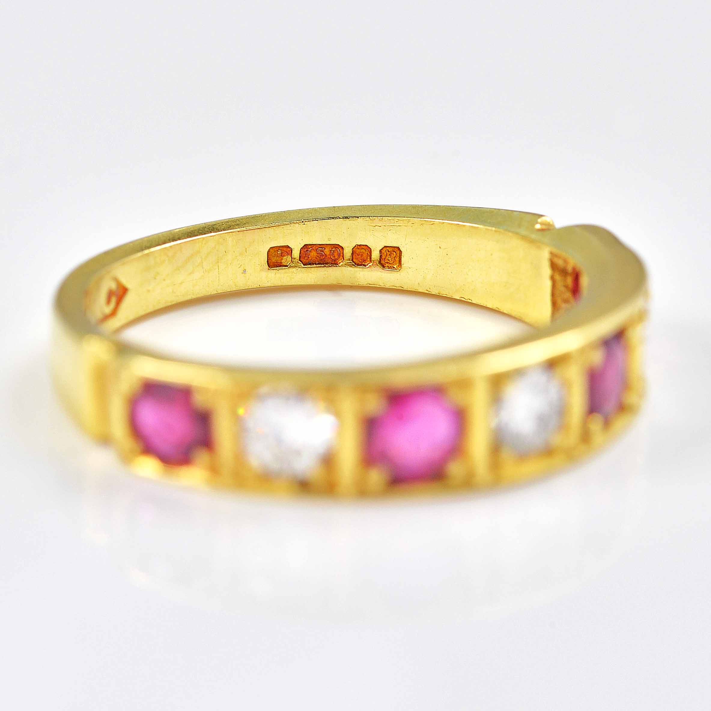 Ellibelle Jewellery Vintage 1976 Ruby & Diamond 18ct Gold Half-Eternity Band Ring