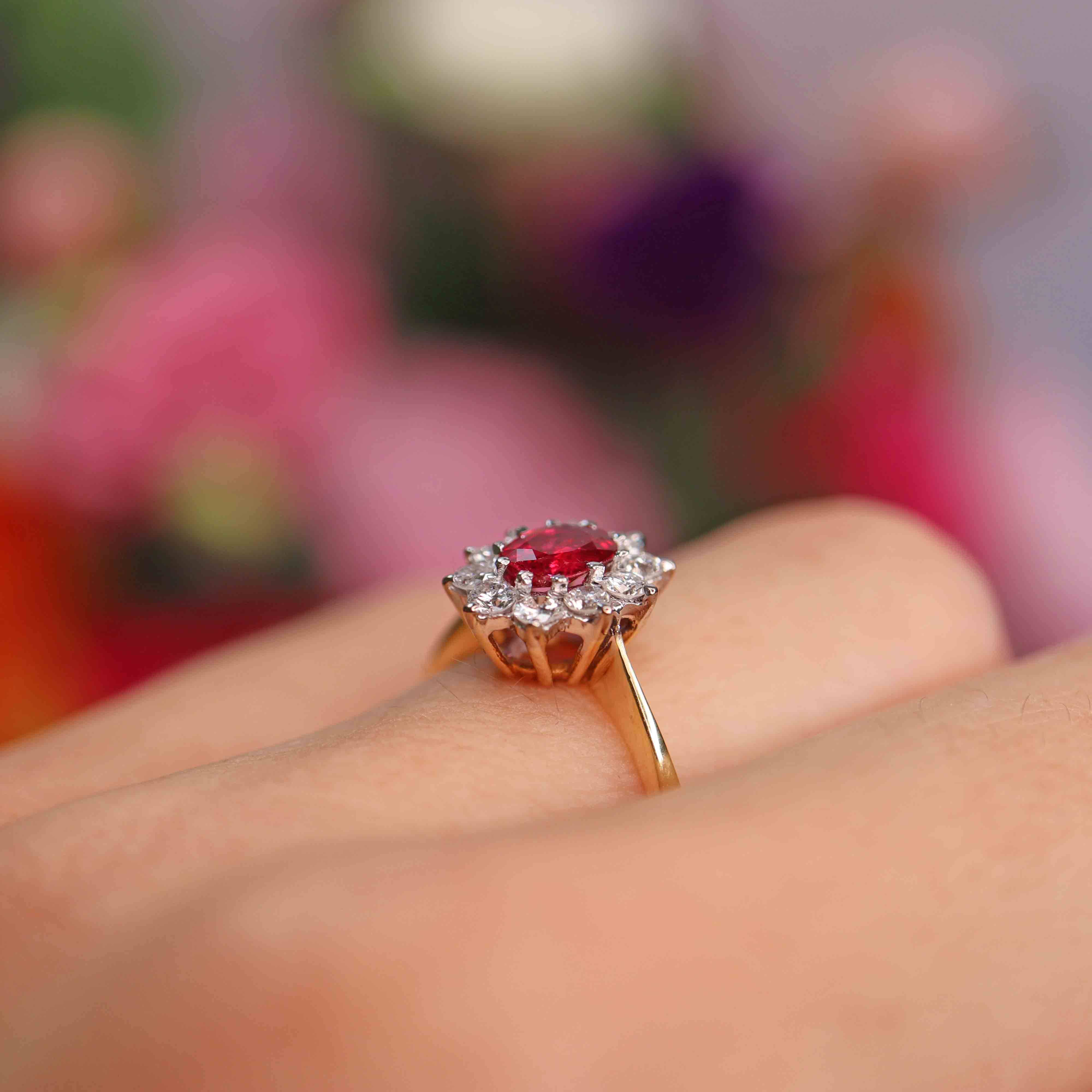 Ellibelle Jewellery Vintage 1976 Ruby & Diamond 18ct Gold Oval Cluster Ring