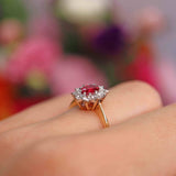 Ellibelle Jewellery Vintage 1976 Ruby & Diamond 18ct Gold Oval Cluster Ring