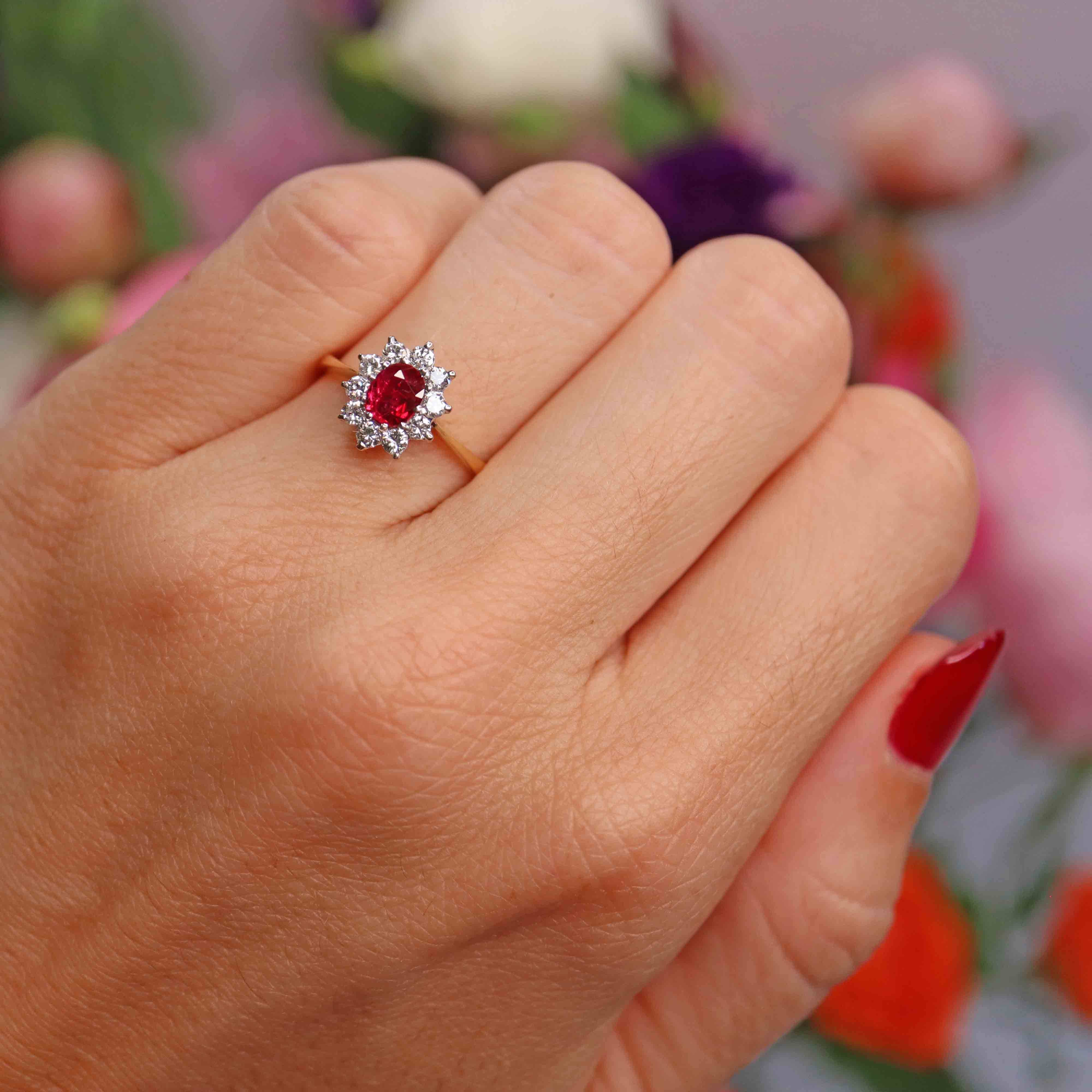 Ellibelle Jewellery Vintage 1976 Ruby & Diamond 18ct Gold Oval Cluster Ring
