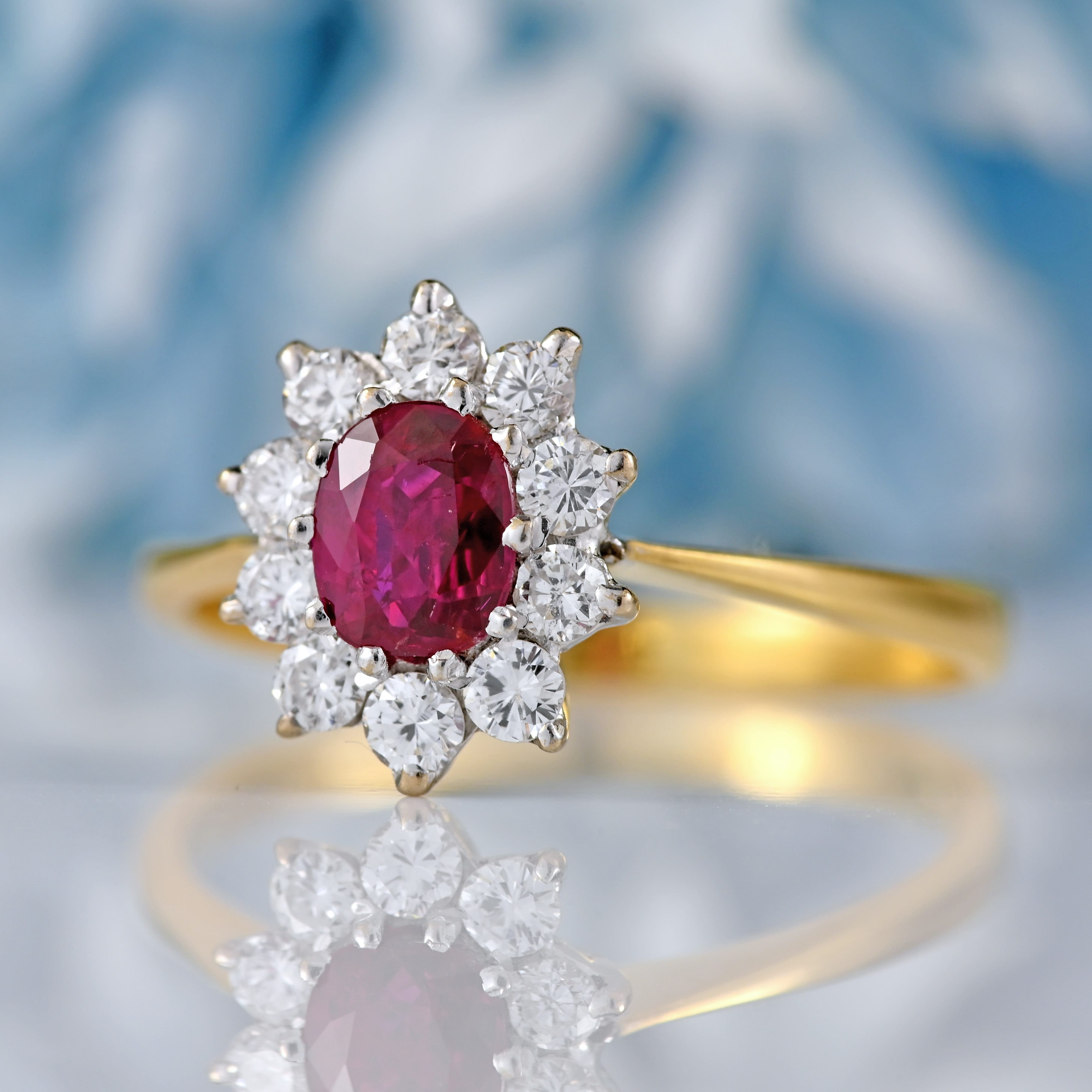 Ellibelle Jewellery Vintage 1976 Ruby & Diamond 18ct Gold Oval Cluster Ring