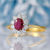 Ellibelle Jewellery Vintage 1976 Ruby & Diamond 18ct Gold Oval Cluster Ring