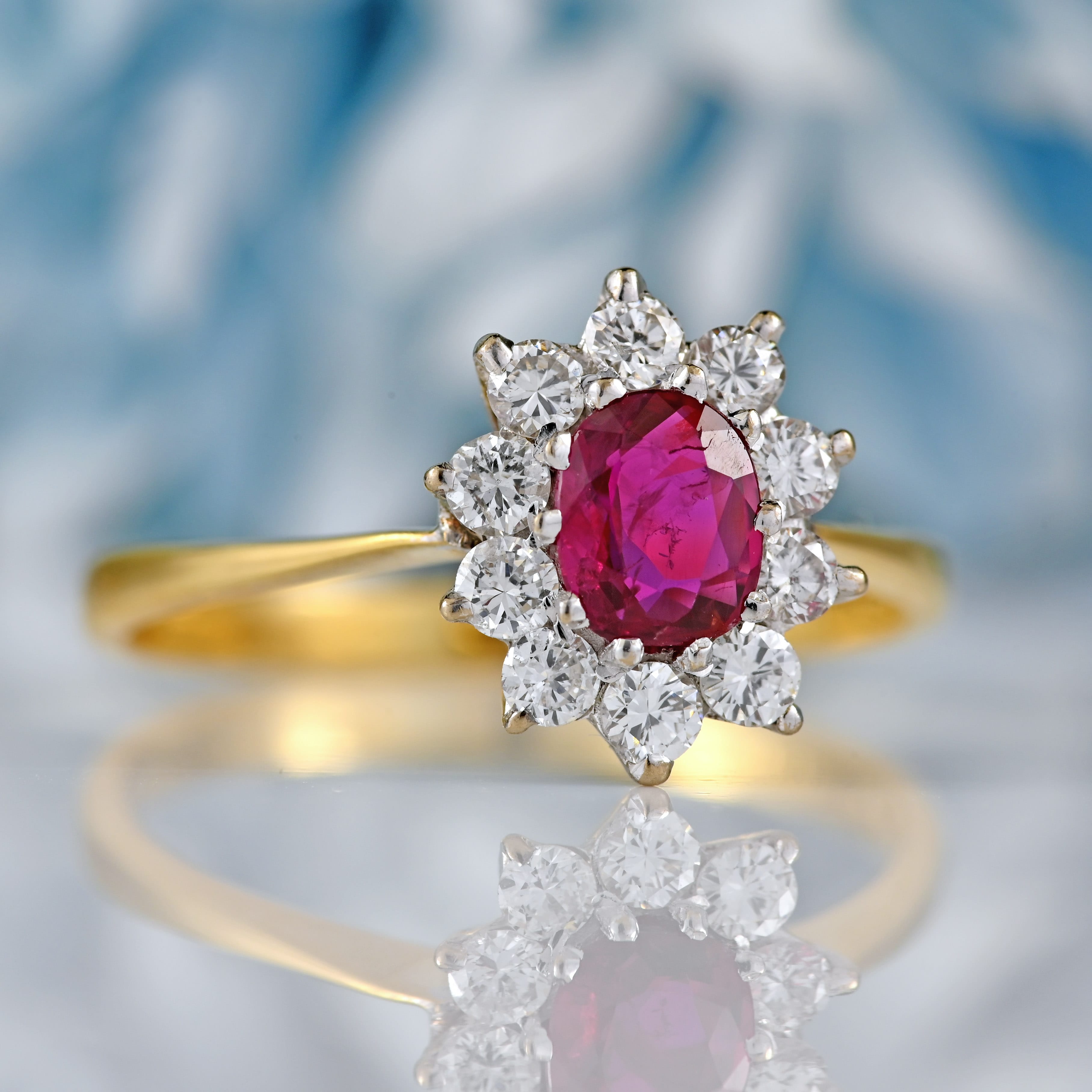 Ellibelle Jewellery Vintage 1976 Ruby & Diamond 18ct Gold Oval Cluster Ring