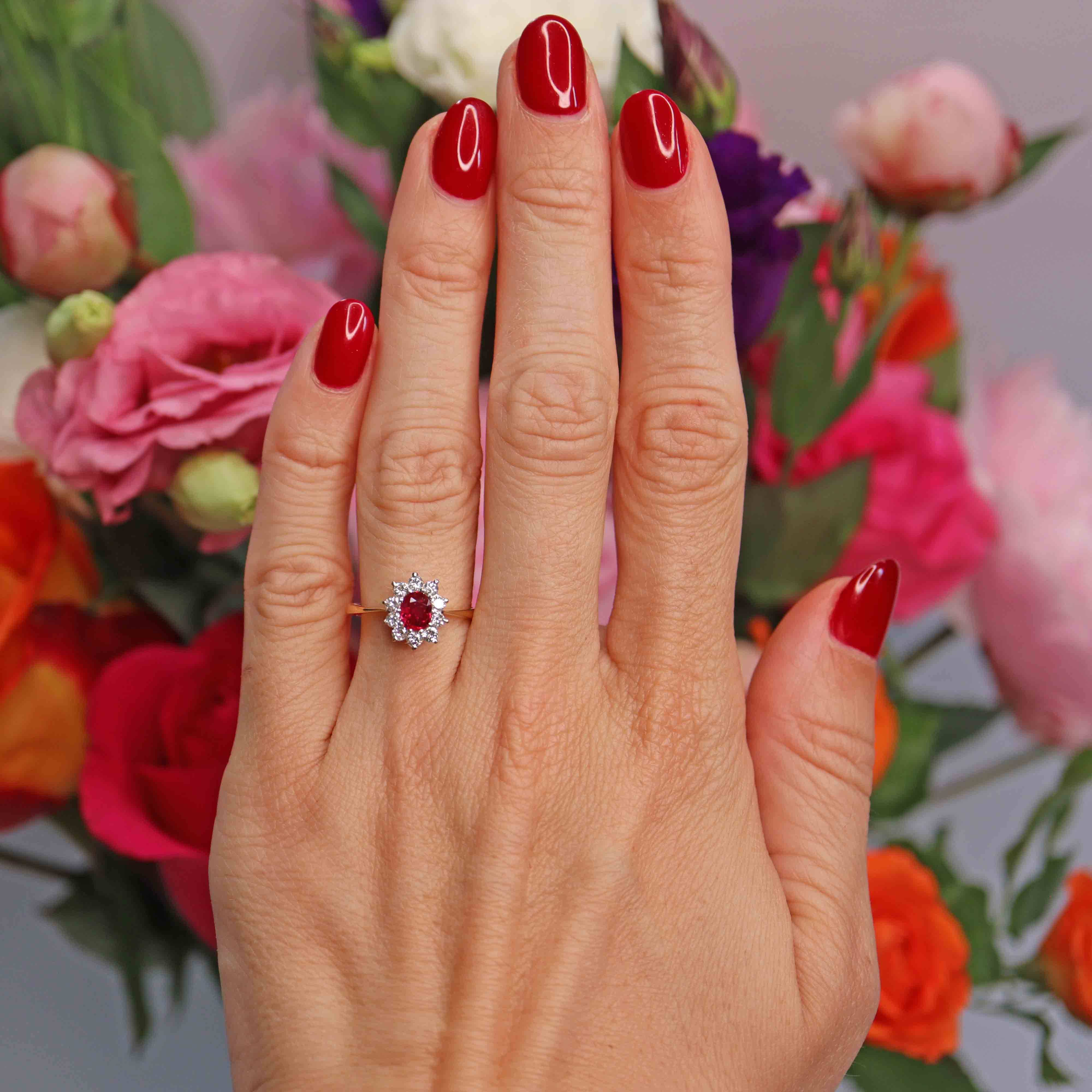 Ellibelle Jewellery Vintage 1976 Ruby & Diamond 18ct Gold Oval Cluster Ring