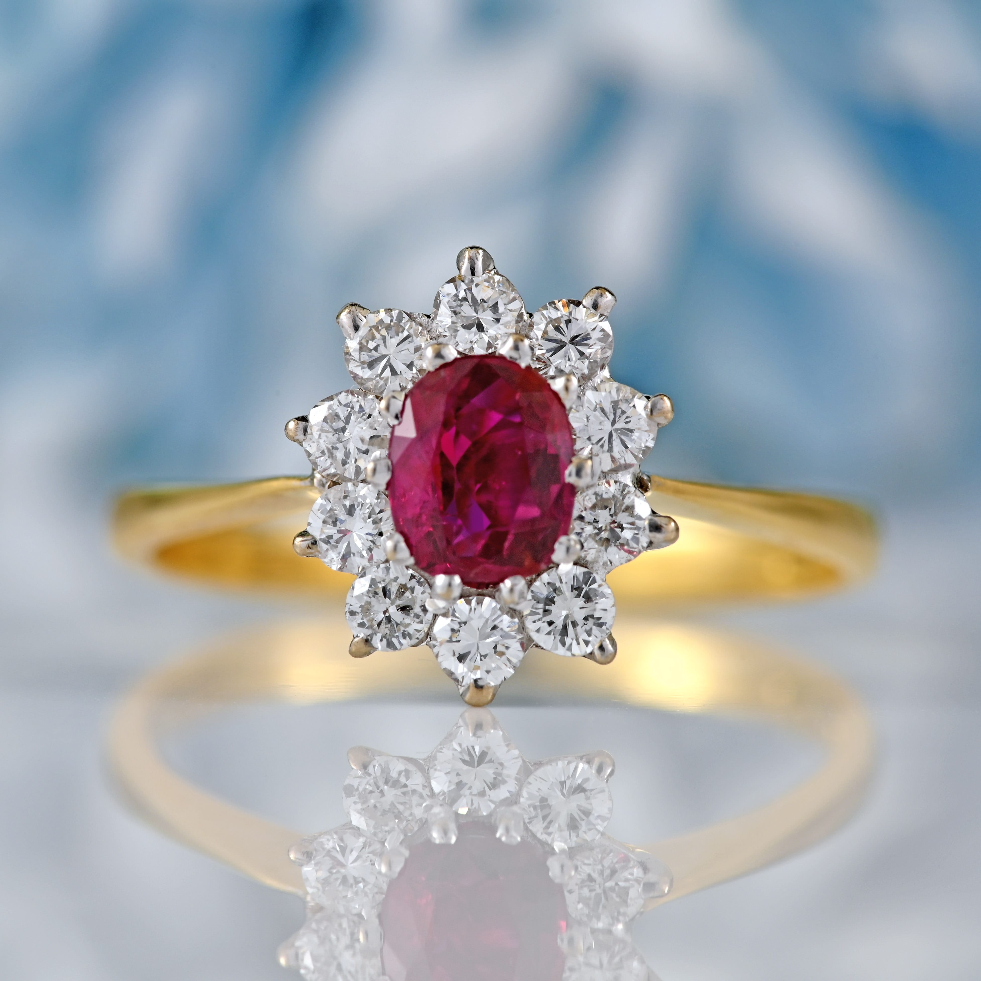 Ellibelle Jewellery Vintage 1976 Ruby & Diamond 18ct Gold Oval Cluster Ring