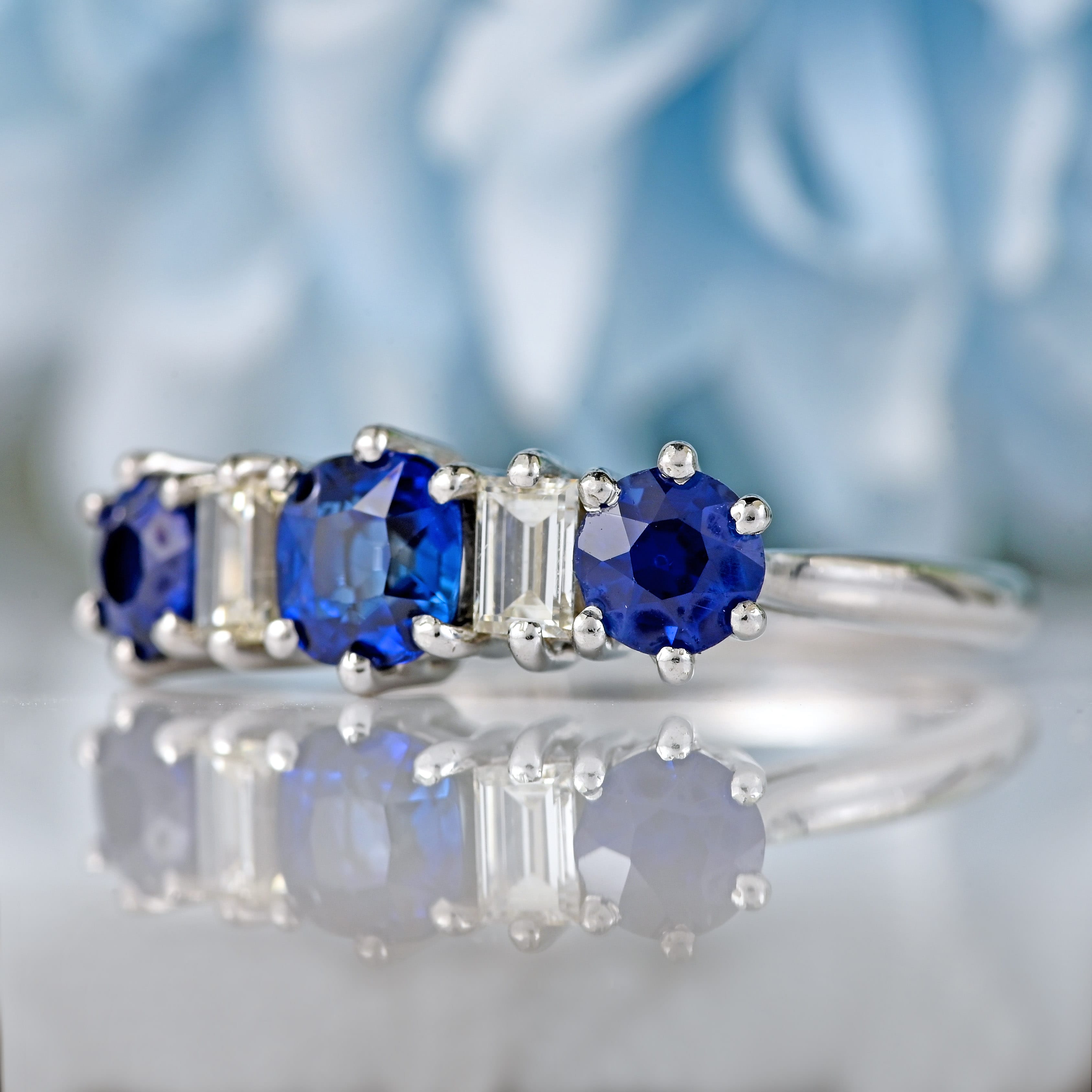 Ellibelle Jewellery Vintage 1976 Sapphire & Baguette-Cut Diamond 18ct White Gold Five-Stone Ring