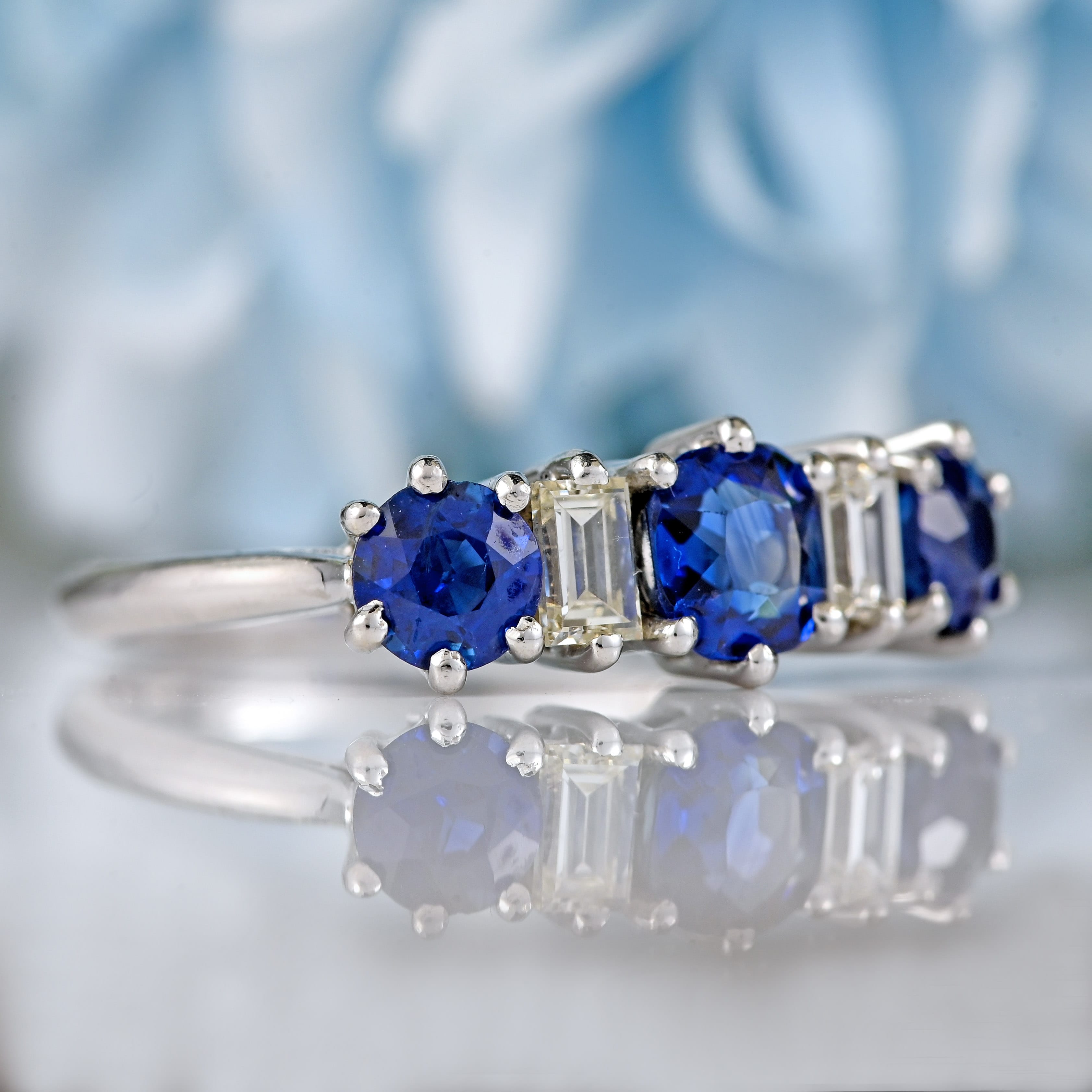 Ellibelle Jewellery Vintage 1976 Sapphire & Baguette-Cut Diamond 18ct White Gold Five-Stone Ring