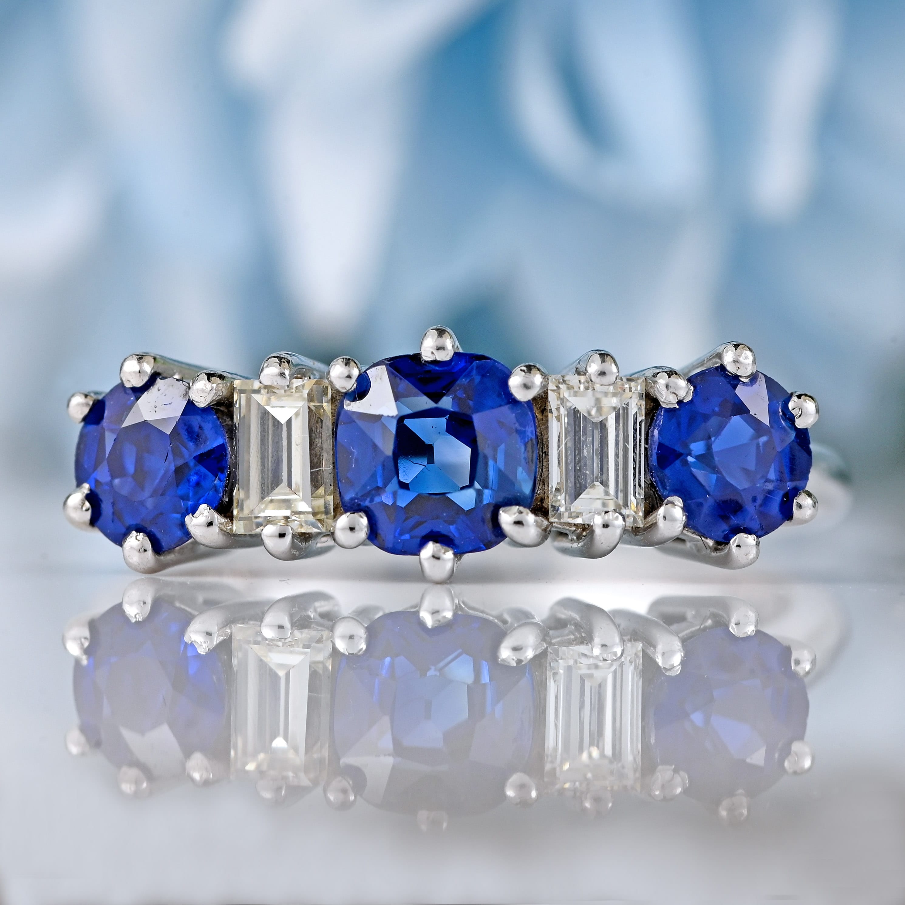 Ellibelle Jewellery Vintage 1976 Sapphire & Baguette-Cut Diamond 18ct White Gold Five-Stone Ring