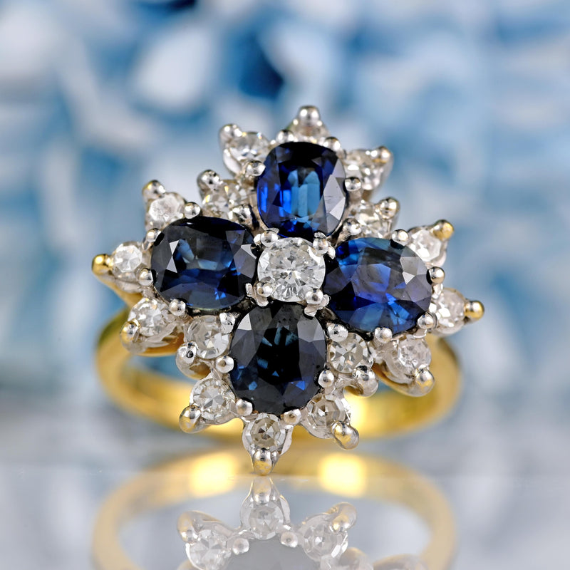 Ellibelle Jewellery Vintage 1976 Sapphire & Diamond 18ct Gold Cluster Ring