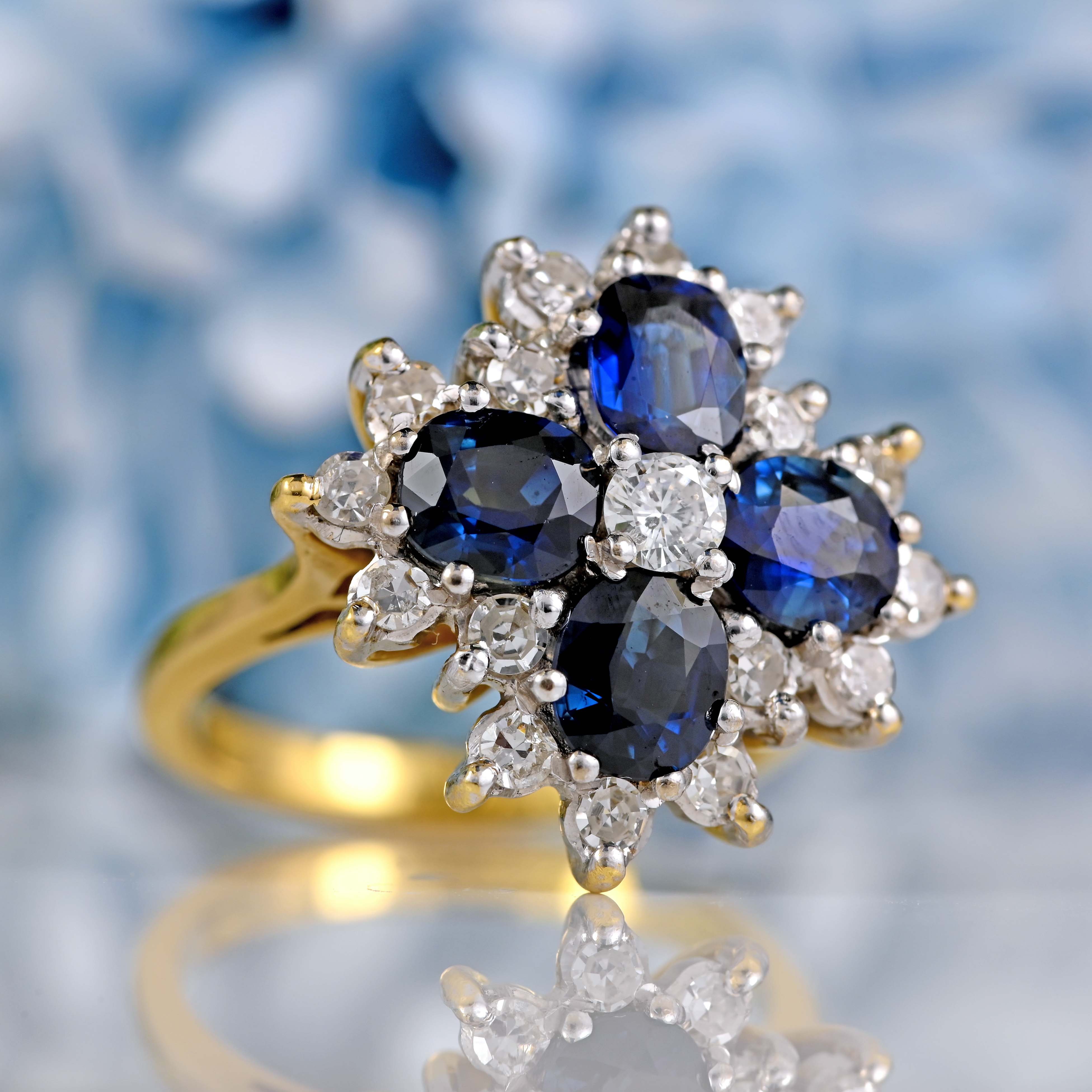 Ellibelle Jewellery Vintage 1976 Sapphire & Diamond 18ct Gold Cluster Ring