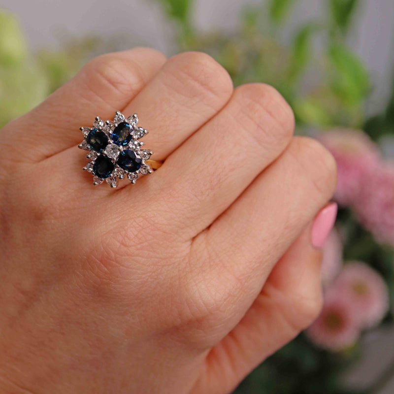 Ellibelle Jewellery Vintage 1976 Sapphire & Diamond 18ct Gold Cluster Ring