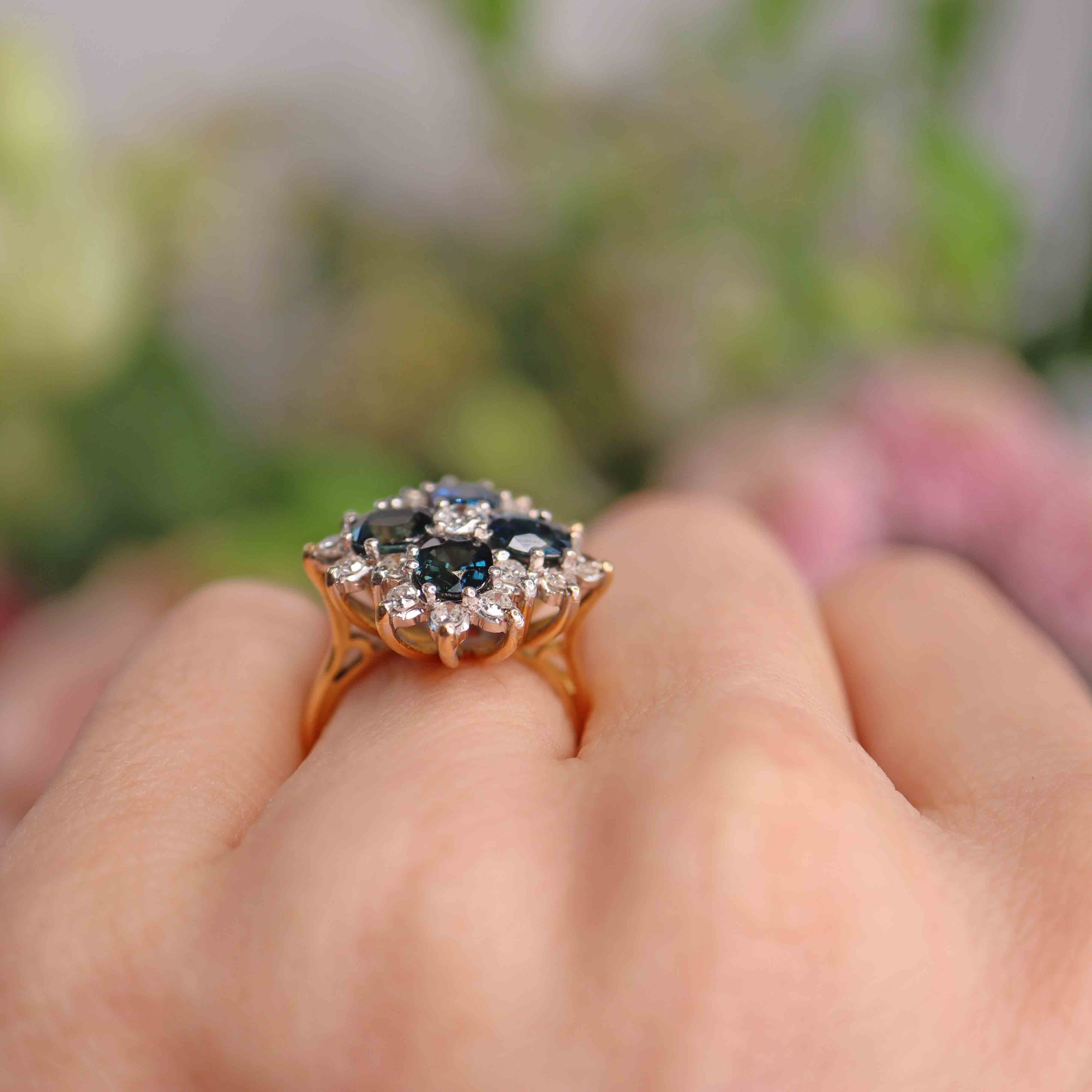 Ellibelle Jewellery Vintage 1976 Sapphire & Diamond 18ct Gold Cluster Ring