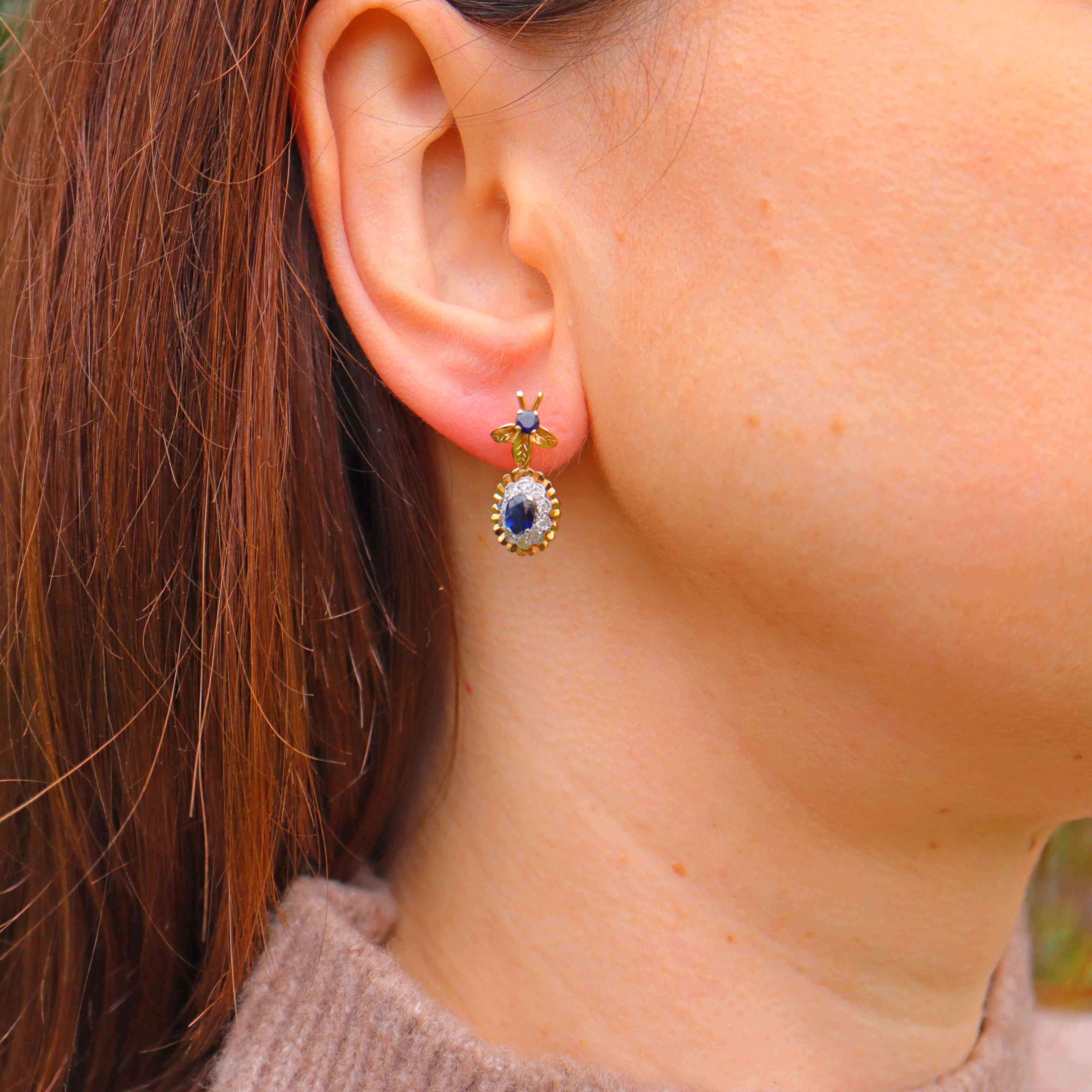 Ellibelle Jewellery Vintage 1976 Sapphire & Diamond 18ct Gold Drop Earrings