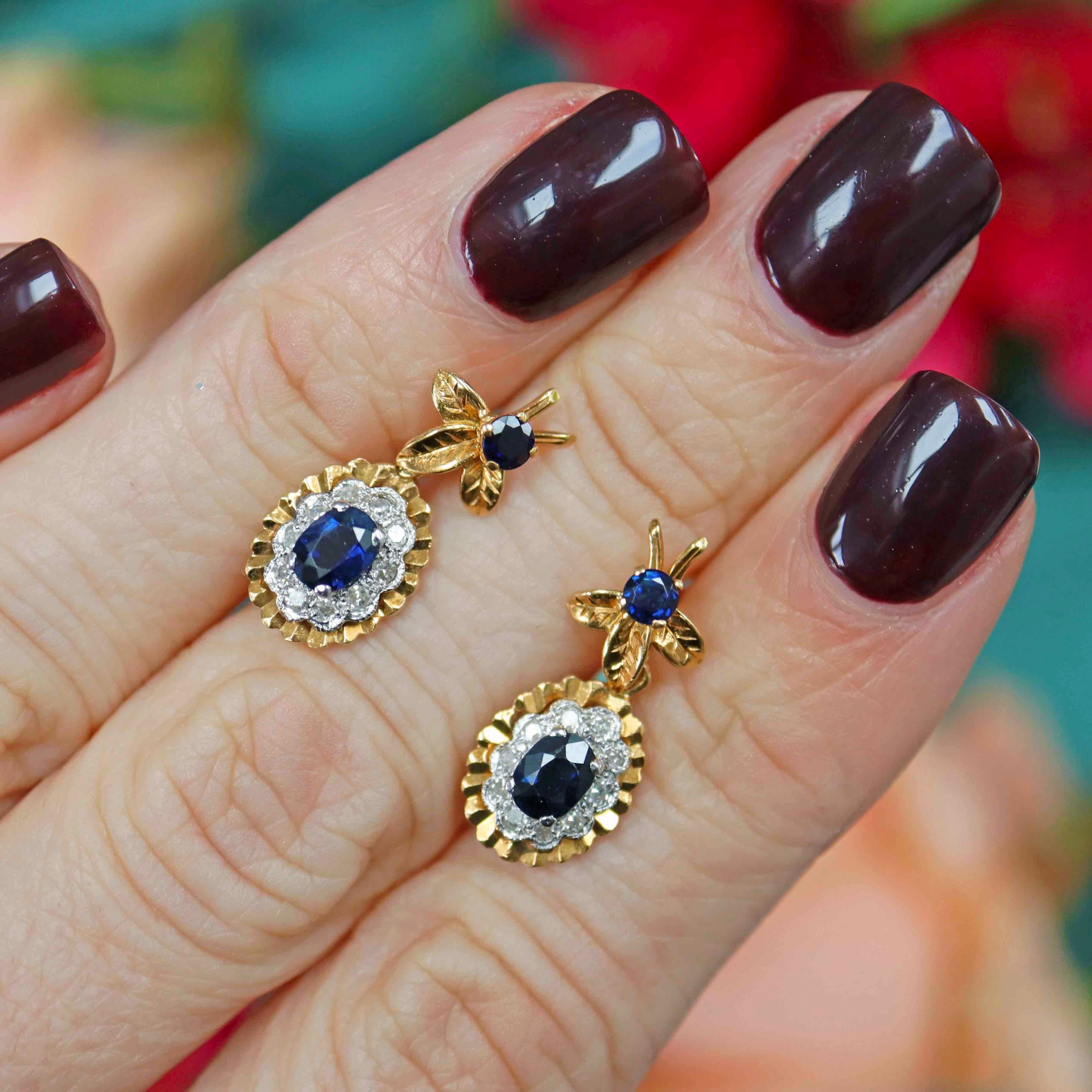 Ellibelle Jewellery Vintage 1976 Sapphire & Diamond 18ct Gold Drop Earrings