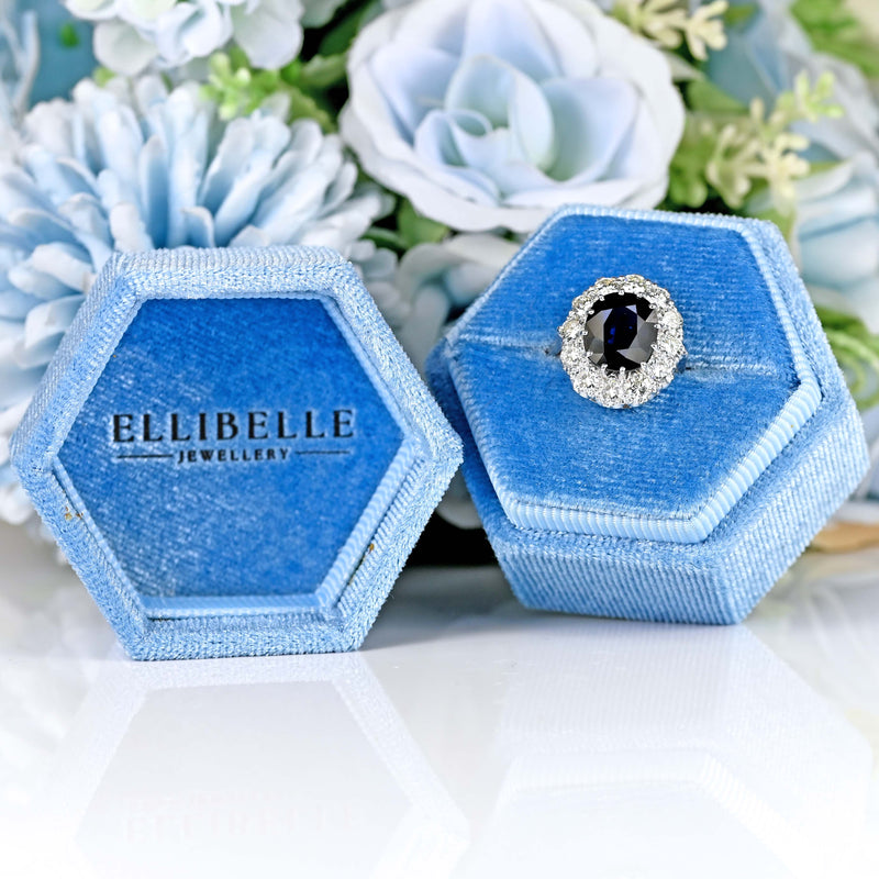 Ellibelle Jewellery Vintage 1976 Sapphire & Diamond 18ct White Gold Cluster Engagement Ring