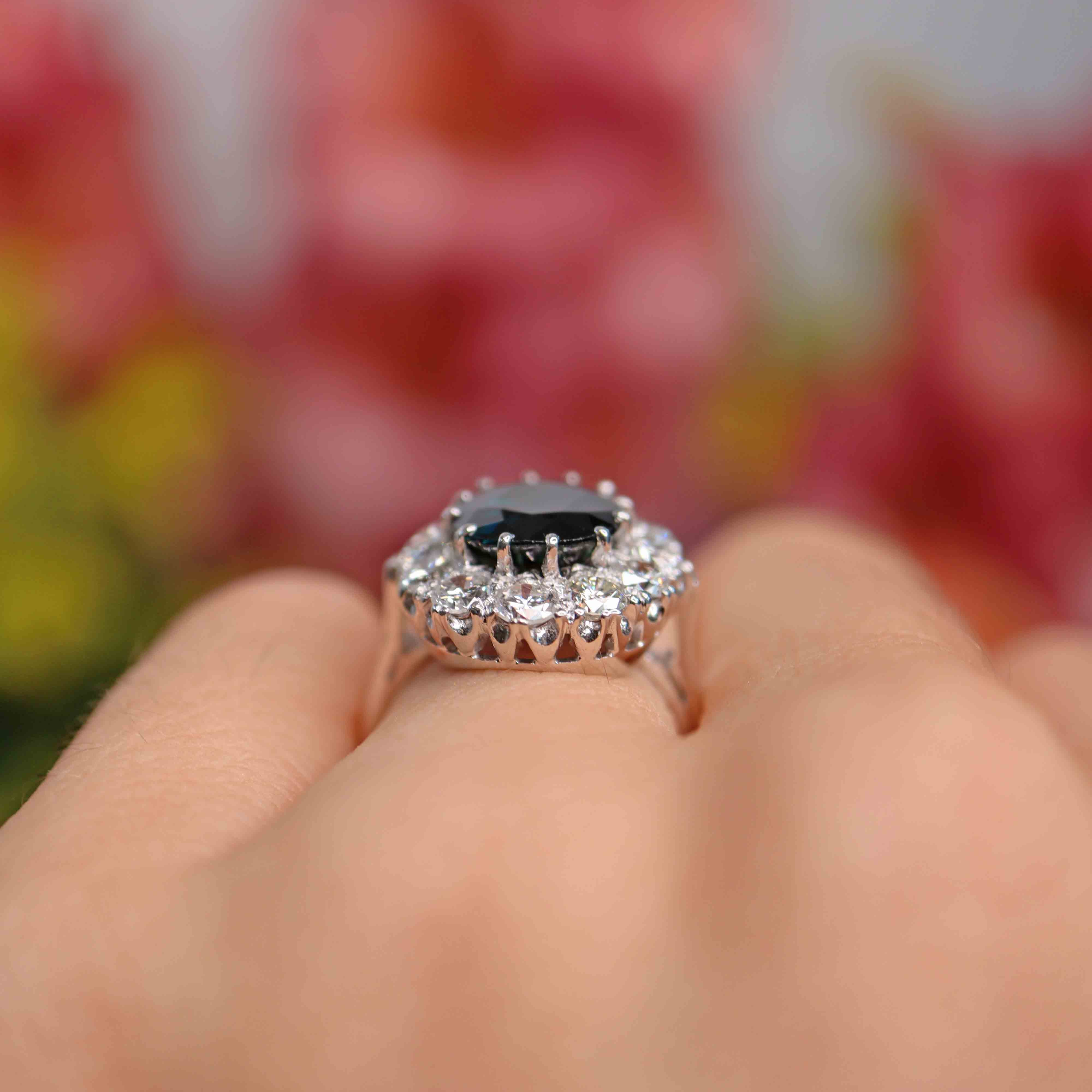 Ellibelle Jewellery Vintage 1976 Sapphire & Diamond 18ct White Gold Cluster Engagement Ring