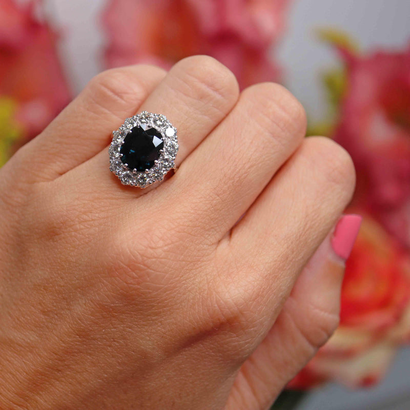 Ellibelle Jewellery Vintage 1976 Sapphire & Diamond 18ct White Gold Cluster Engagement Ring