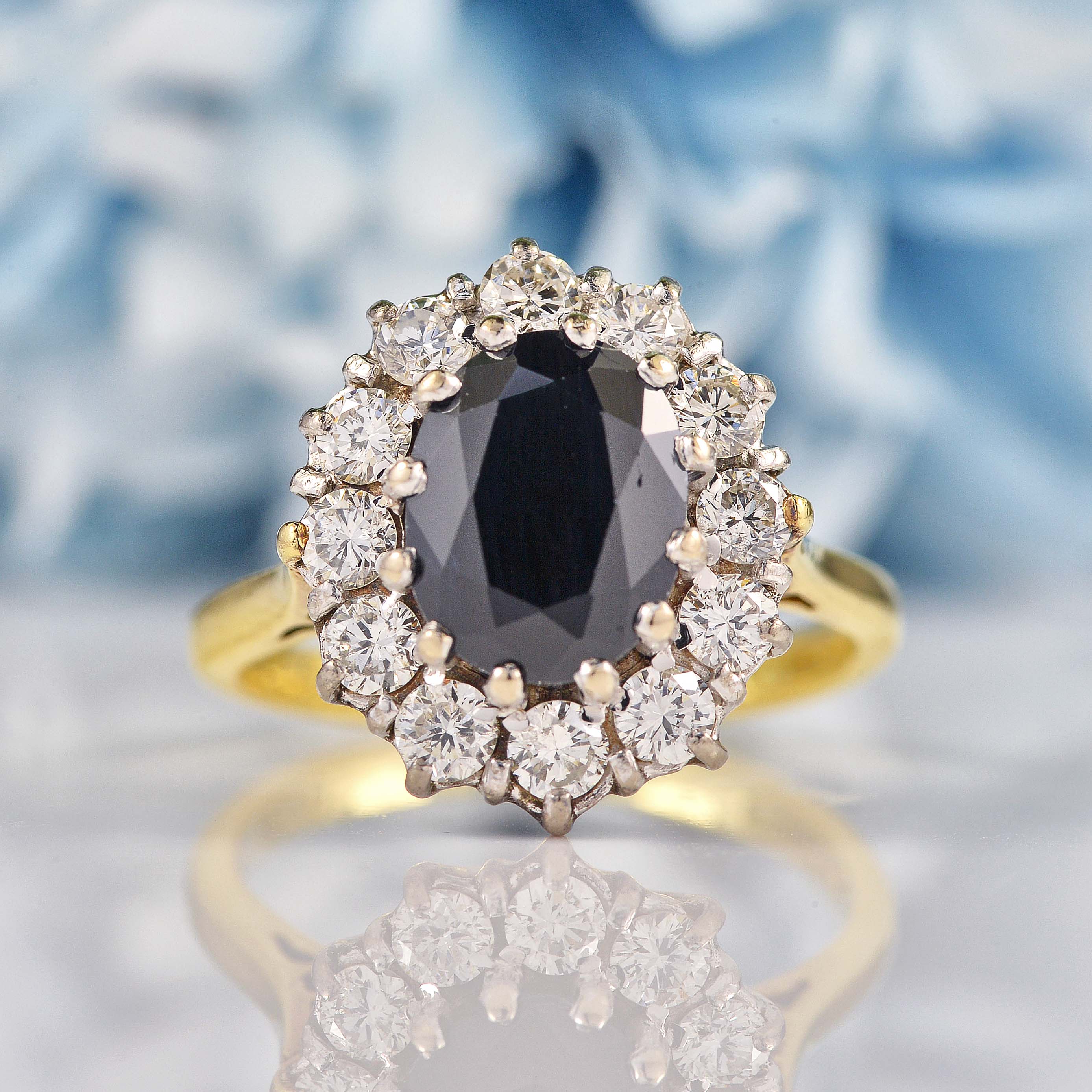 Ellibelle Jewellery Vintage 1977 Dark Sapphire & Diamond 18ct Gold Cluster Ring