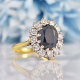 Ellibelle Jewellery Vintage 1977 Dark Sapphire & Diamond 18ct Gold Cluster Ring