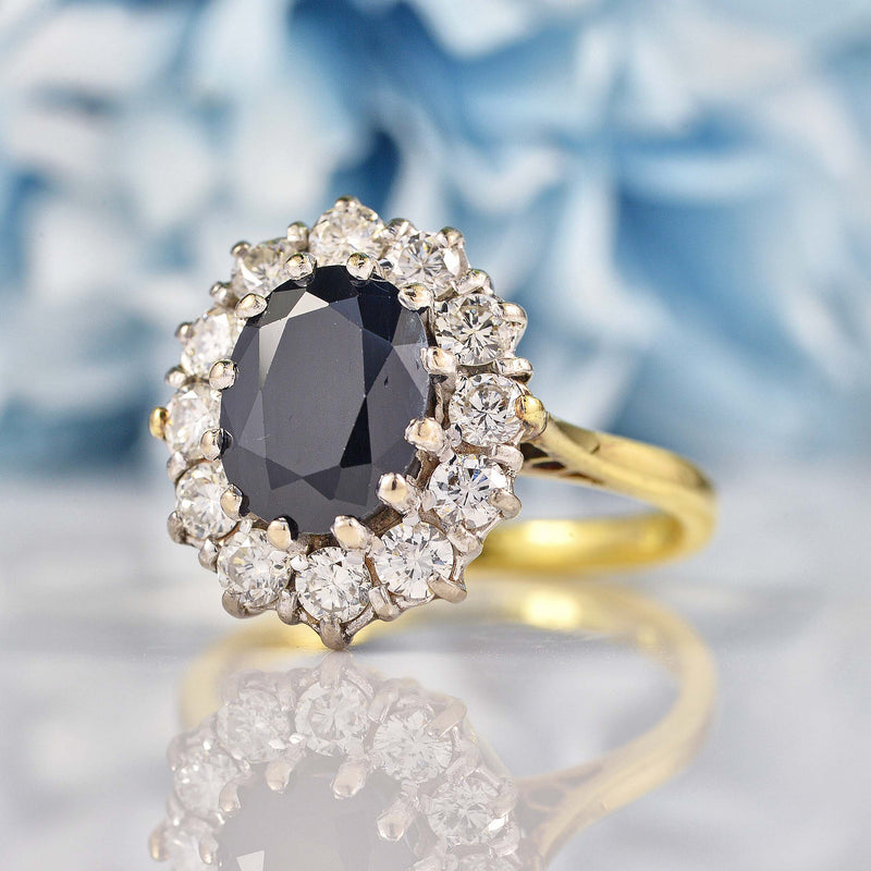 Ellibelle Jewellery Vintage 1977 Dark Sapphire & Diamond 18ct Gold Cluster Ring