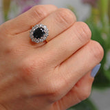 Ellibelle Jewellery Vintage 1977 Dark Sapphire & Diamond 18ct Gold Cluster Ring