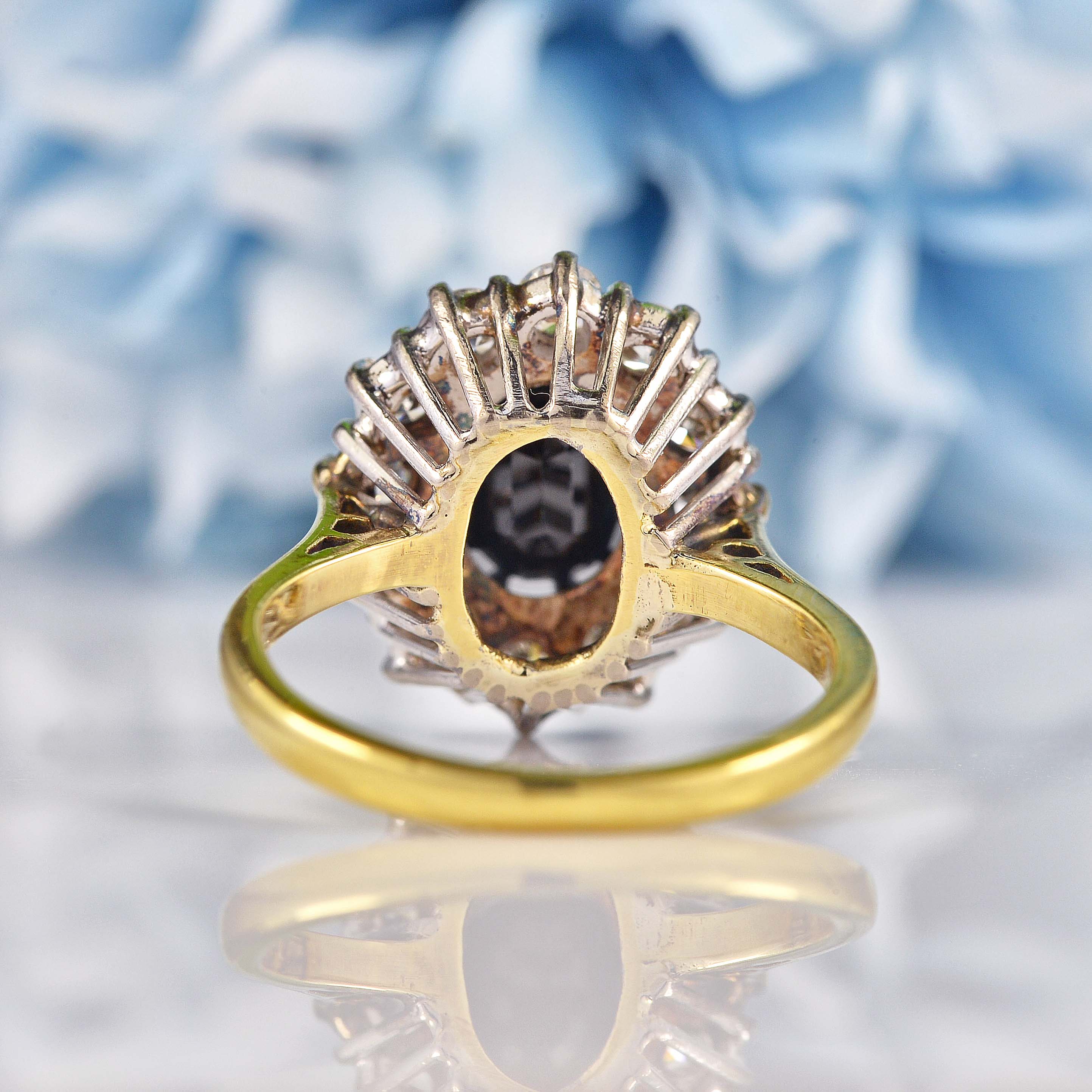 Ellibelle Jewellery Vintage 1977 Dark Sapphire & Diamond 18ct Gold Cluster Ring