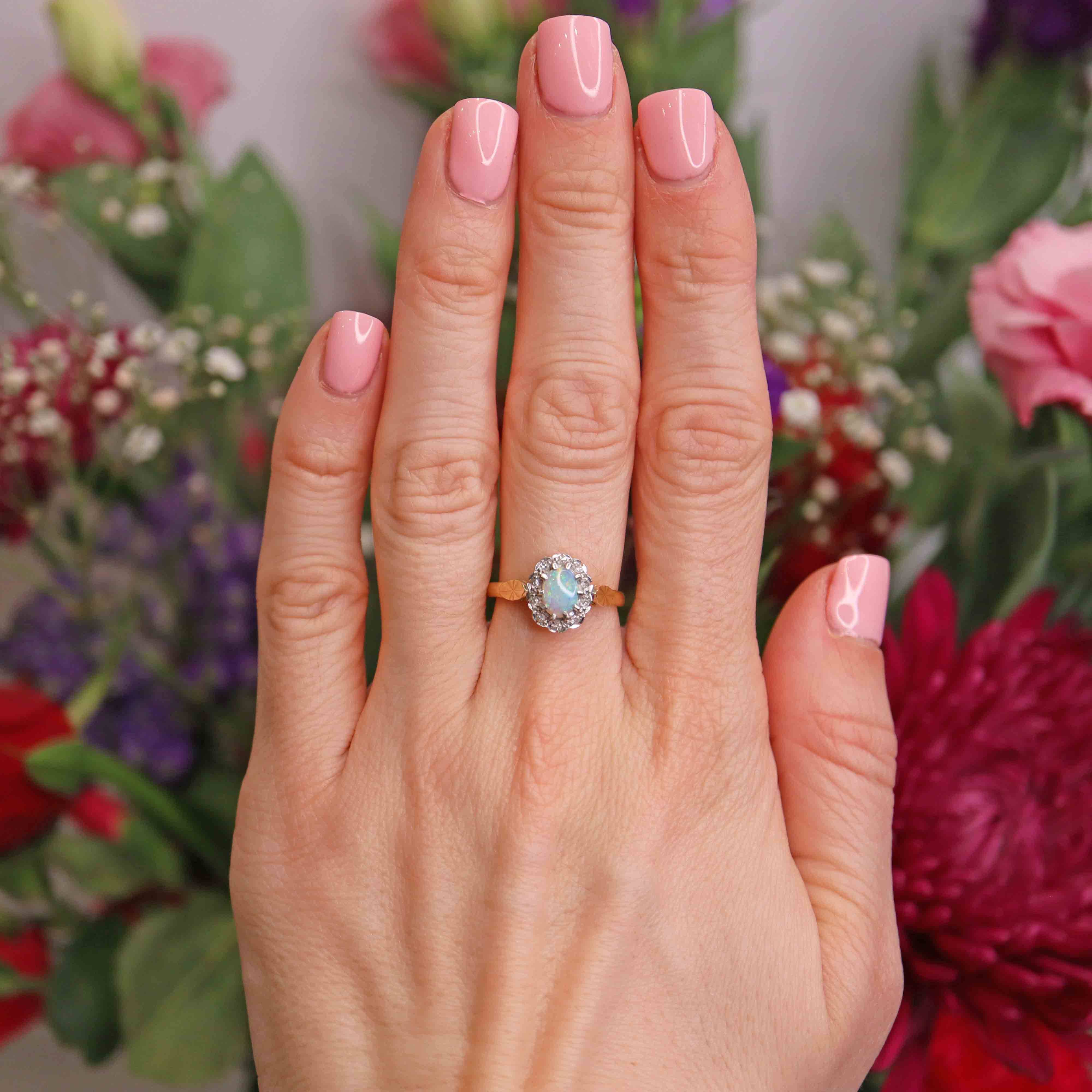 Ellibelle Jewellery Vintage 1977 Opal & Diamond 18ct Gold Cluster Ring