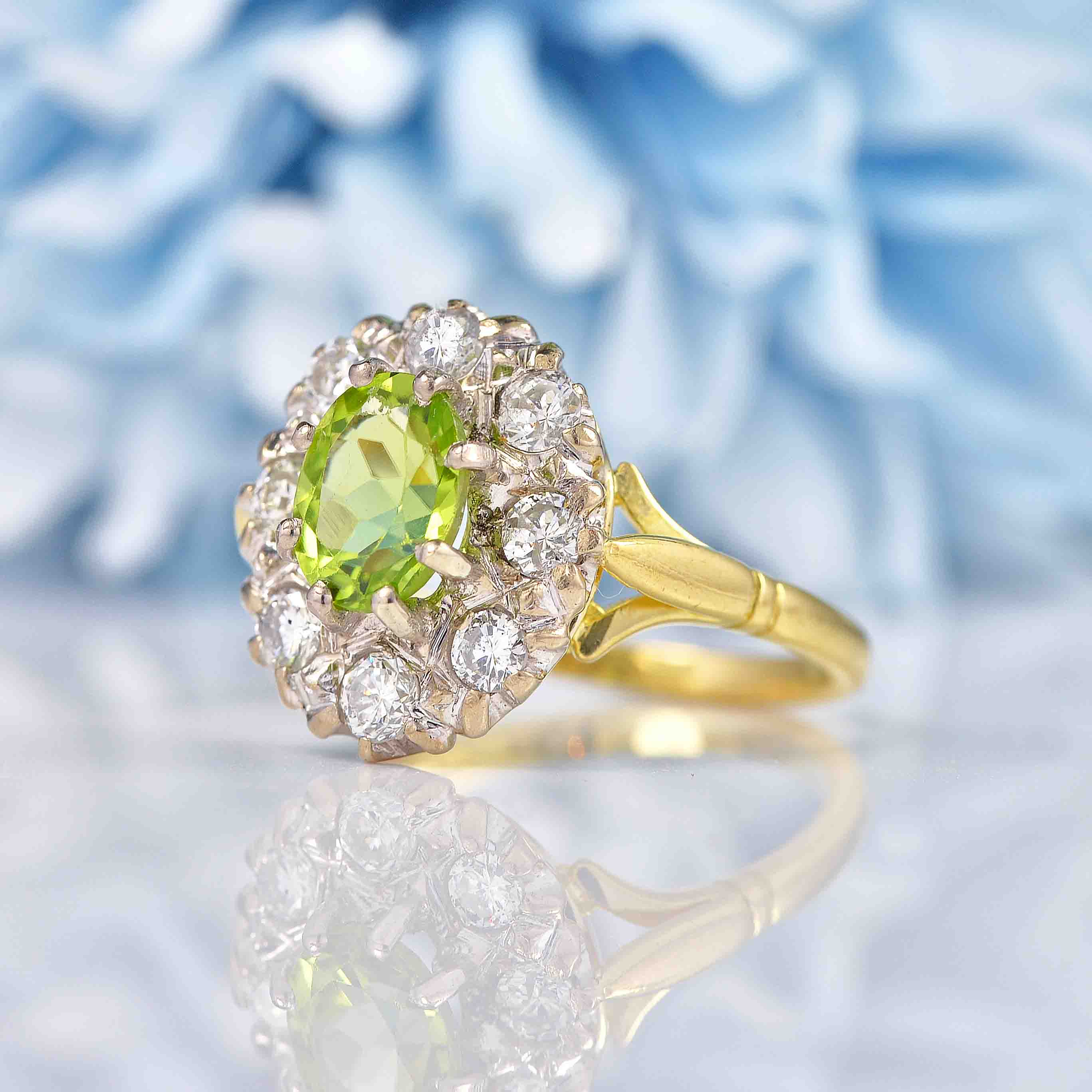 Ellibelle Jewellery Vintage 1977 Peridot & Diamond 18ct Gold Cluster Ring