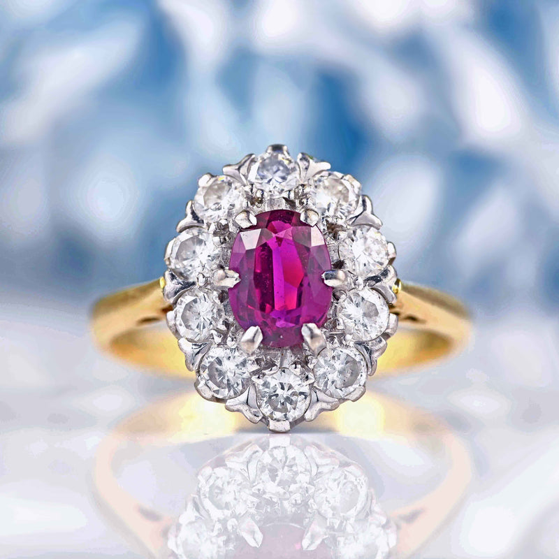 Ellibelle Jewellery Vintage 1977 Ruby & Diamond 18ct Gold Cluster Ring (0.66ct)