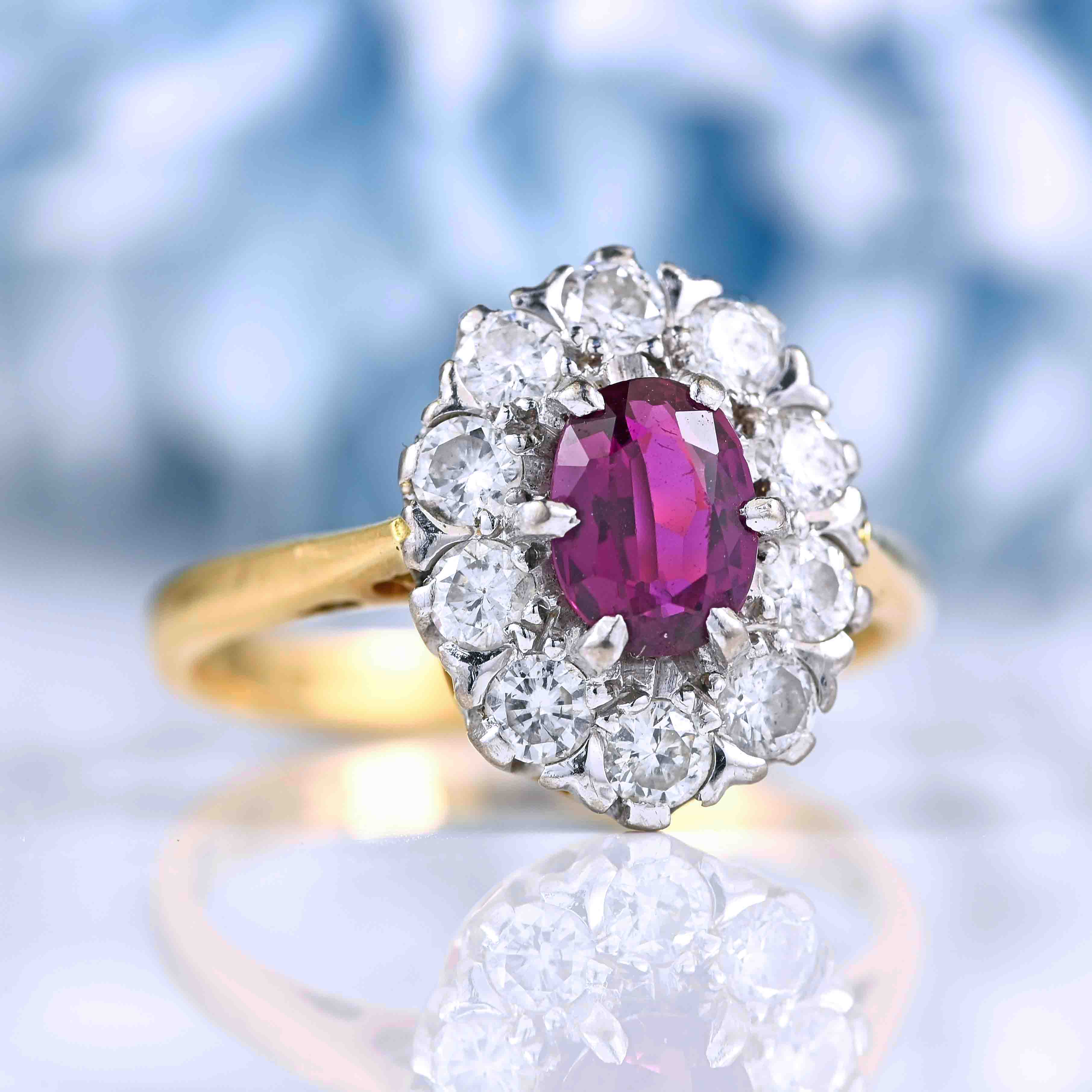 Ellibelle Jewellery Vintage 1977 Ruby & Diamond 18ct Gold Cluster Ring (0.66ct)