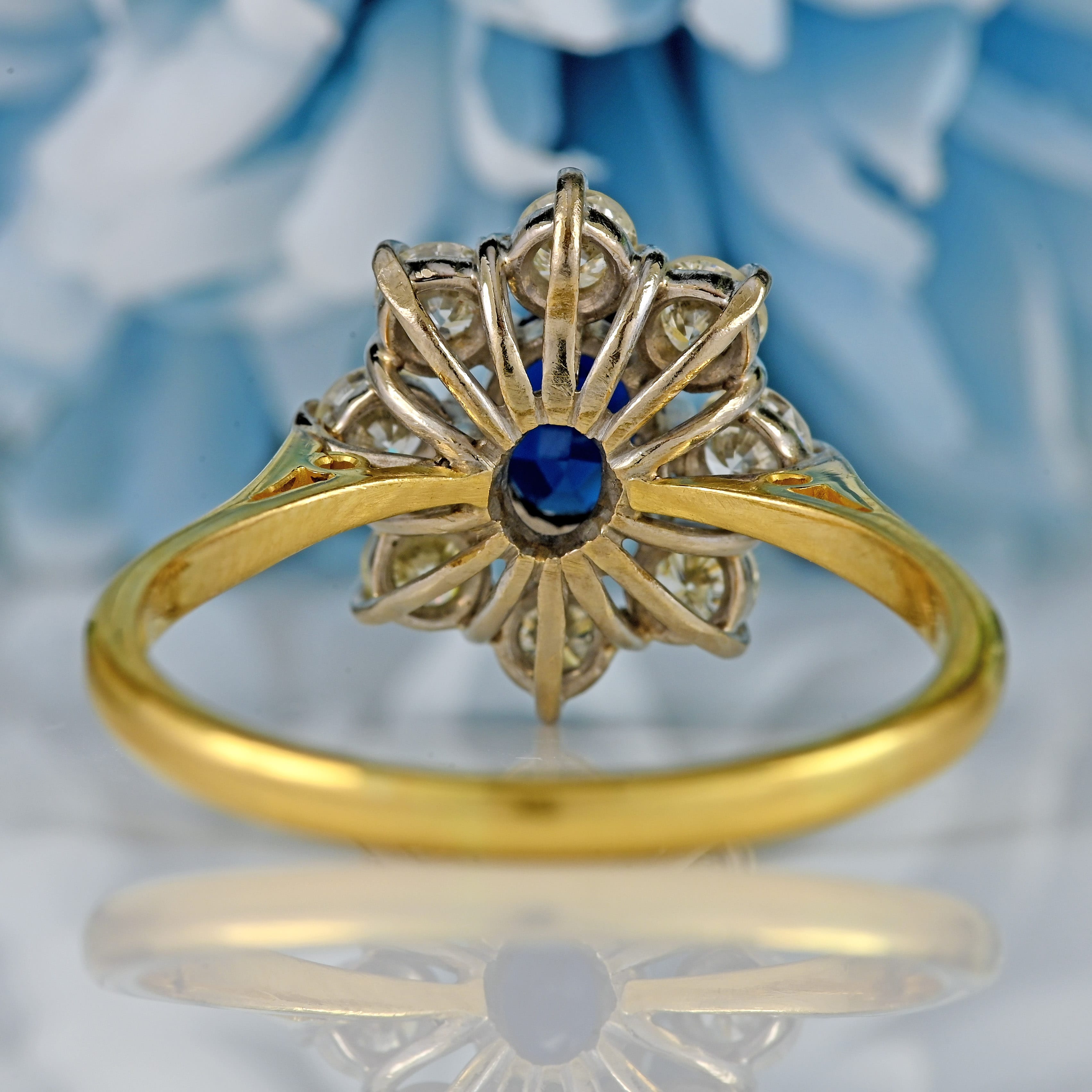 Ellibelle Jewellery Vintage 1977 Sapphire & Diamond 18ct Gold Cluster Engagement Ring