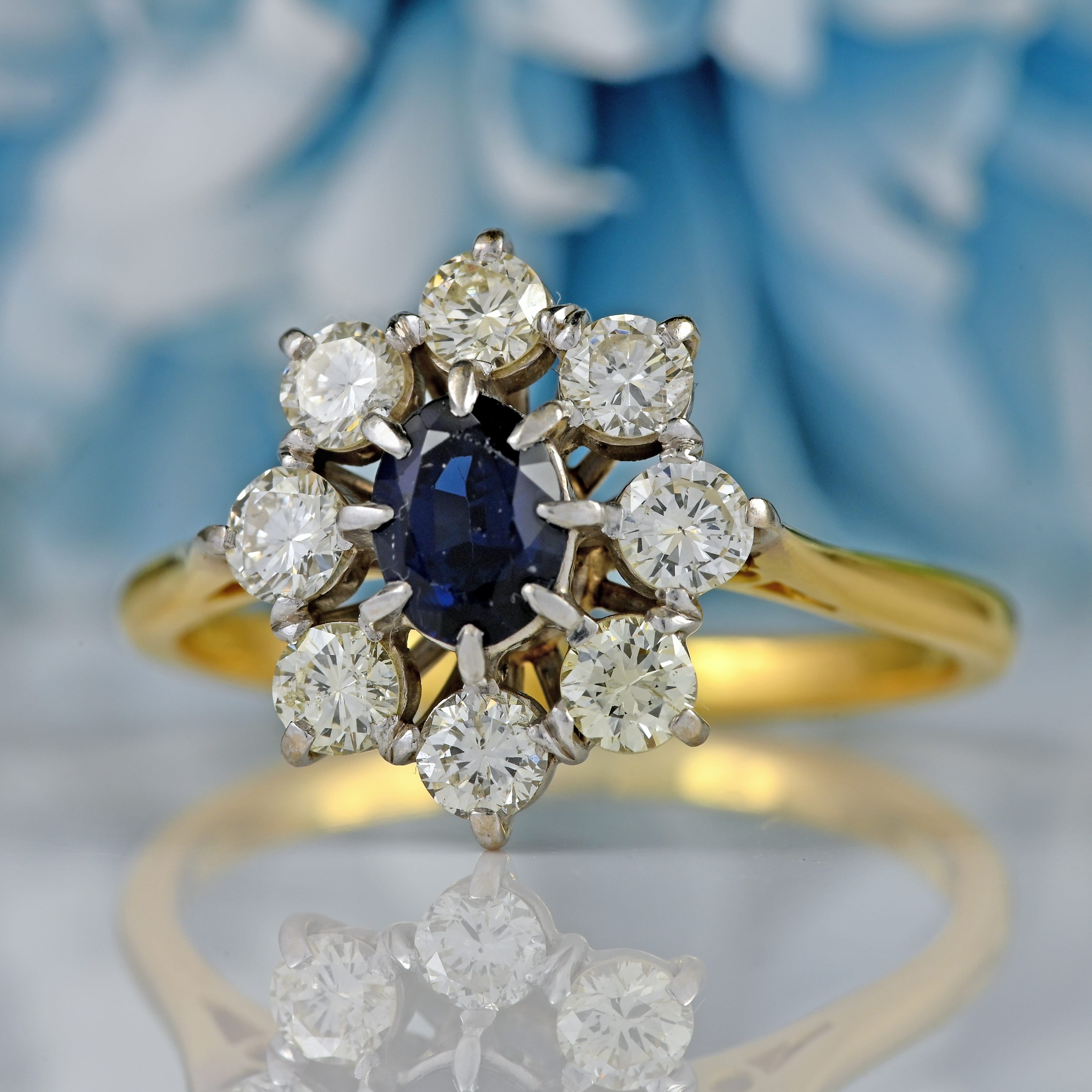 Ellibelle Jewellery Vintage 1977 Sapphire & Diamond 18ct Gold Cluster Engagement Ring