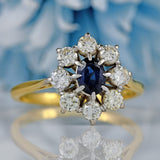Ellibelle Jewellery Vintage 1977 Sapphire & Diamond 18ct Gold Cluster Engagement Ring