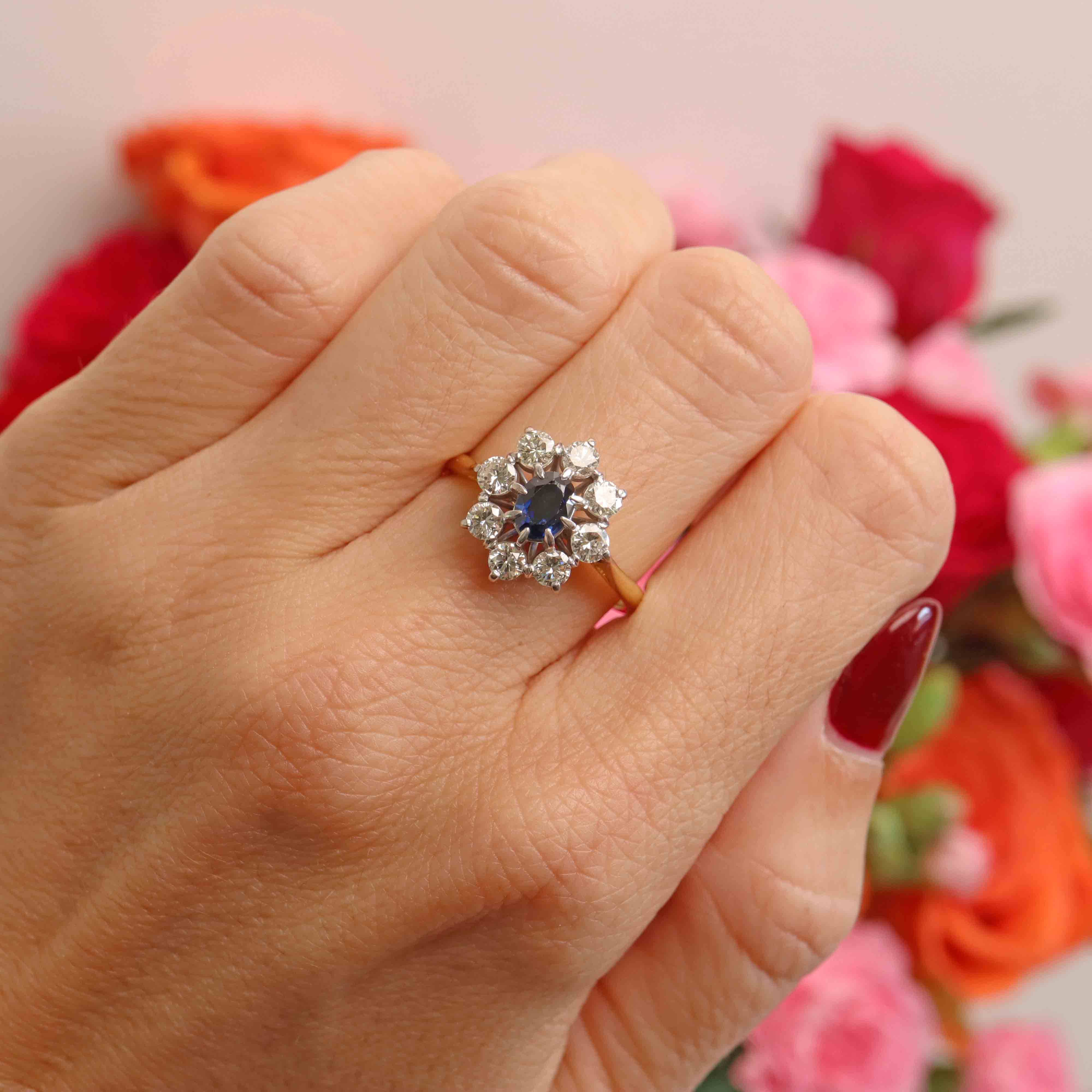 Ellibelle Jewellery Vintage 1977 Sapphire & Diamond 18ct Gold Cluster Engagement Ring