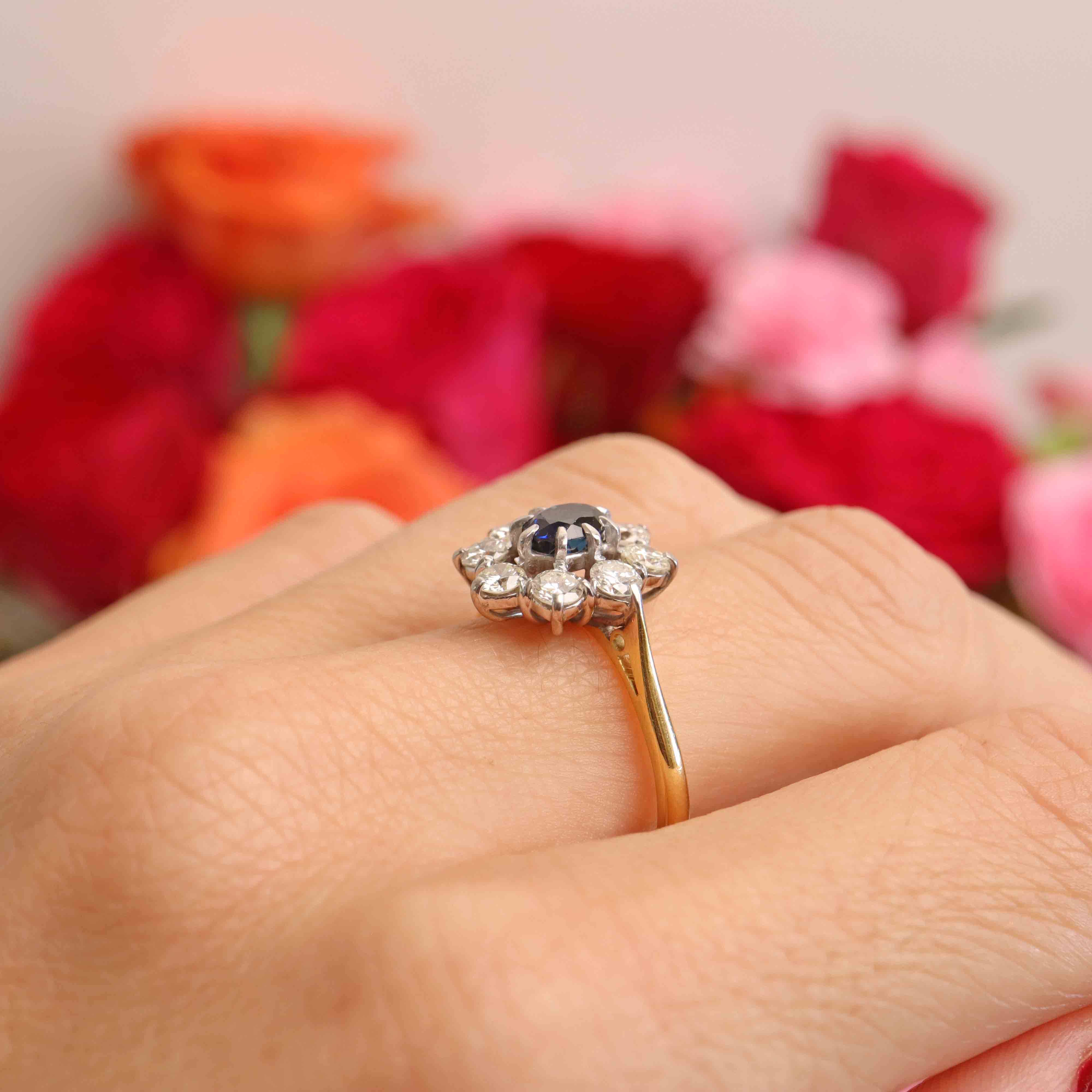 Ellibelle Jewellery Vintage 1977 Sapphire & Diamond 18ct Gold Cluster Engagement Ring