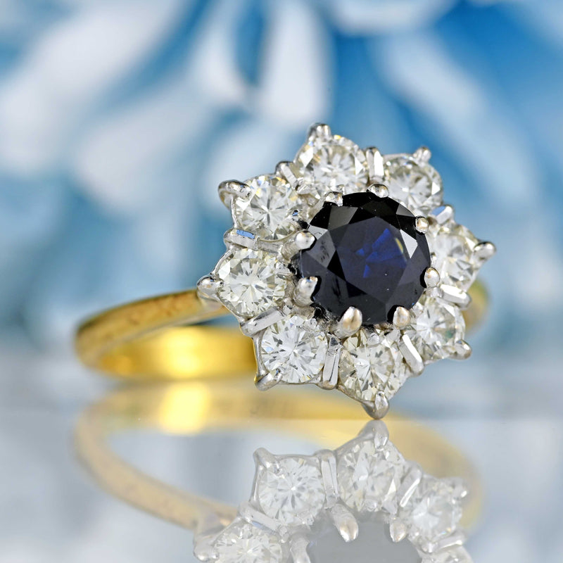 Ellibelle Jewellery Vintage 1977 Sapphire & Diamond 18ct Gold Round Cluster Ring